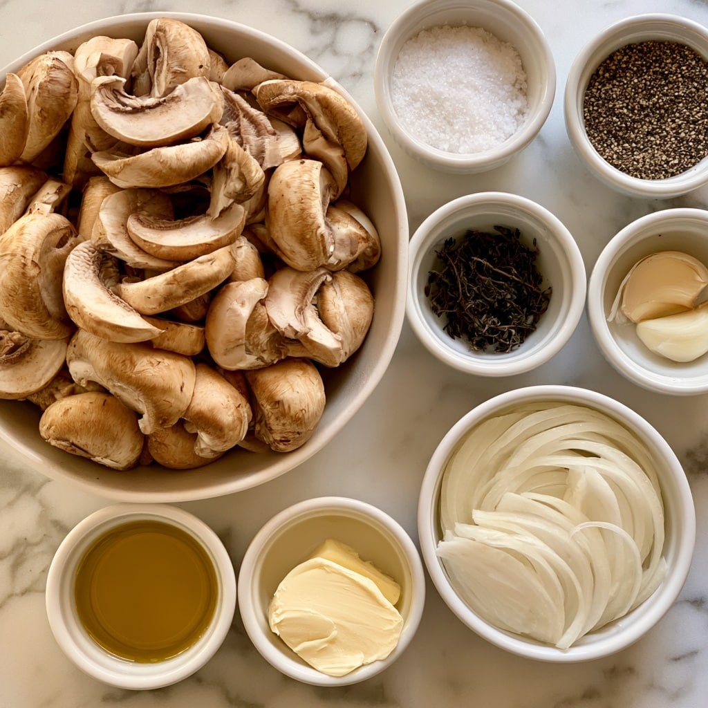 A top view of several white small bowls arranged on a white marbled surface, each filled with different ingredients. The largest bowl is filled with sliced light brown mushrooms that have a smooth texture and are piled up high. To the upper right of the mushrooms are two small bowls, one with coarse white salt and the other with ground black pepper. Below and slightly right are two more small bowls: one containing dark dried thyme, and the other with two cloves of pale garlic. Below these, another white bowl is filled with thin slices of white onions arranged neatly. At the bottom left, two more small bowls are placed side by side, one holding golden olive oil and the other a pat of creamy pale yellow butter. All items are clearly labeled with black text on white boxes. Photo taken with an iphone --ar 4:5 --v 7