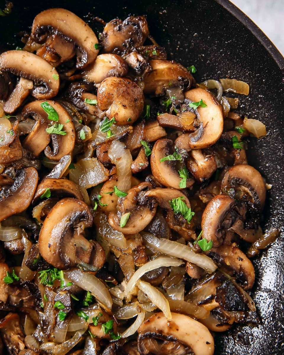 A close-up image of cooked sliced mushrooms with light golden-brown sautéed onion slices mixed together, all garnished with small fresh green herb leaves scattered on top. The mushrooms are varying in size and show a tender, slightly shiny texture, resting inside a black pan. The background is a white marbled texture. photo taken with an iphone --ar 4:5 --v 7