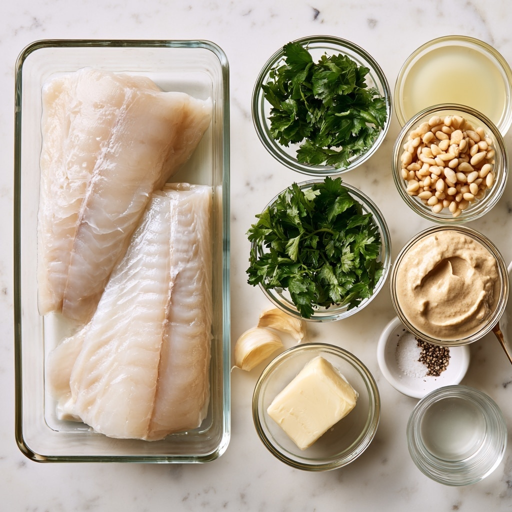 The image shows a top view of various cooking ingredients placed on a white marbled surface. On the left, two large pieces of white fish fillets with a smooth, slightly translucent texture sit in a clear rectangular glass container. To the right, several small round glass bowls hold fresh green parsley leaves, pale yellow lemon juice, light brown pine nuts, and beige tahini. Two garlic cloves with a pale cream color are placed near the parsley. A small clear glass bowl contains a block of light yellow butter. Also visible is a small white dish with salt and black pepper grains, and a clear glass cup with warm water. Each ingredient is clearly separated and neatly arranged. Photo taken with an iphone --ar 4:5 --v 7