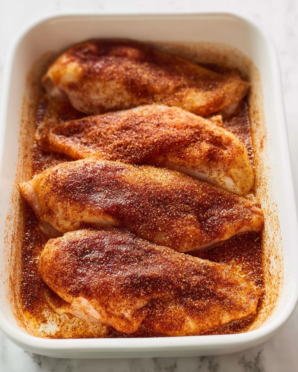 Four pieces of raw chicken laid side by side in a white baking dish. Each piece is covered with a dry reddish-brown spice rub that looks powdery and slightly oily, creating a textured surface on the chicken. The dish sits on a white marbled background, and the spices are spread unevenly but fully covering the top of each piece. Photo taken with an iphone --ar 4:5 --v 7