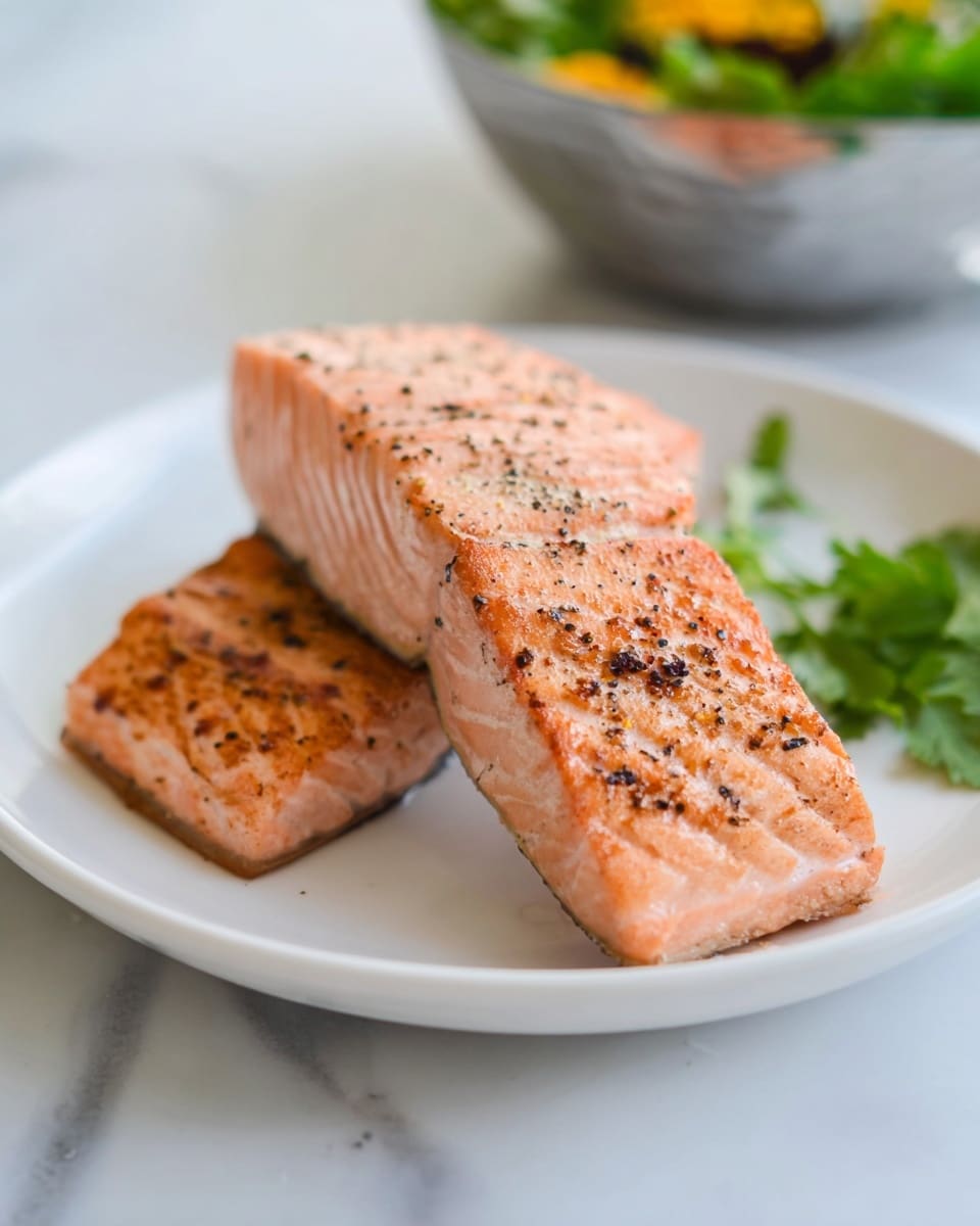 Two pieces of cooked salmon are placed on a white plate over a white marbled surface. The top piece shows a light pink inside with grill marks and black pepper seasoning, and the bottom piece is similar in color and texture but mostly covered by the top one. The background has a blurred silver bowl with some green and yellow food, and some green leaves on the right side. Photo taken with an iphone --ar 4:5 --v 7
