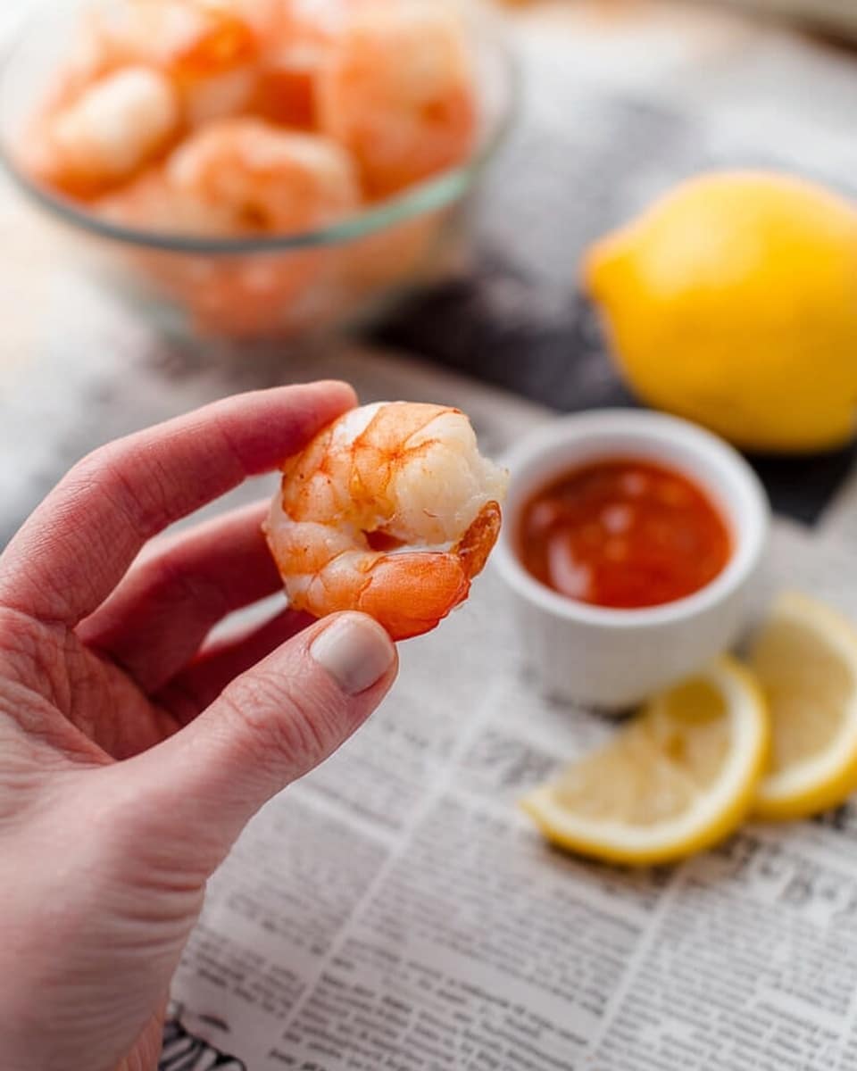 A close-up of a woman's hand holding a cooked shrimp with an orange and white shell. Below the hand, there is a newspaper spread out on a white marbled surface. In the background, a glass bowl filled with more cooked shrimp is slightly out of focus on the left side, and a small white cup with red dipping sauce sits next to two lemon wedges on the right side. The colors include the orange of the shrimp, the red sauce, the yellow lemons, and the white of the cup, bowl, and marbled surface, creating a fresh, simple seafood scene. photo taken with an iphone --ar 4:5 --v 7