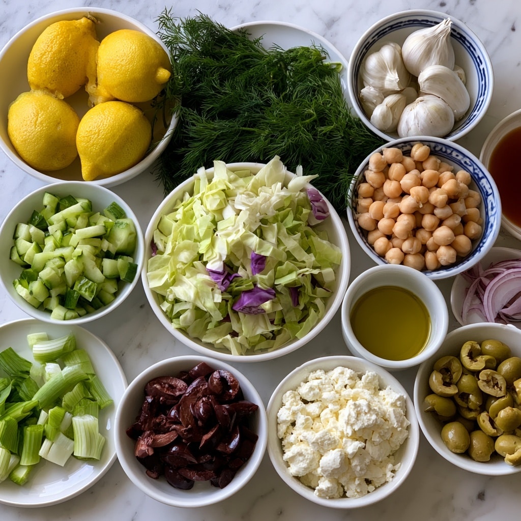 The image shows several small white bowls and a few white plates arranged on a white marbled surface, each containing different salad ingredients. In the center, there is a bowl filled with light green and some purple chopped cabbage. Surrounding it are bright yellow whole lemons in a bowl, fresh dark green dill leaves, white bulbs of garlic, light tan chickpeas in a bowl with blue patterns on the rim, and a small white bowl with golden olive oil. Other bowls hold sliced green onions, chopped green cucumbers, creamy white feta cheese, sliced dark purple kalamata olives, and halved green olives. There are also thin slices of red onion in a small dish and a small bowl with reddish-brown liquid, likely red wine vinegar. The overall scene is clean and fresh, with varied colors and textures. Photo taken with an iphone --ar 4:5 --v 7