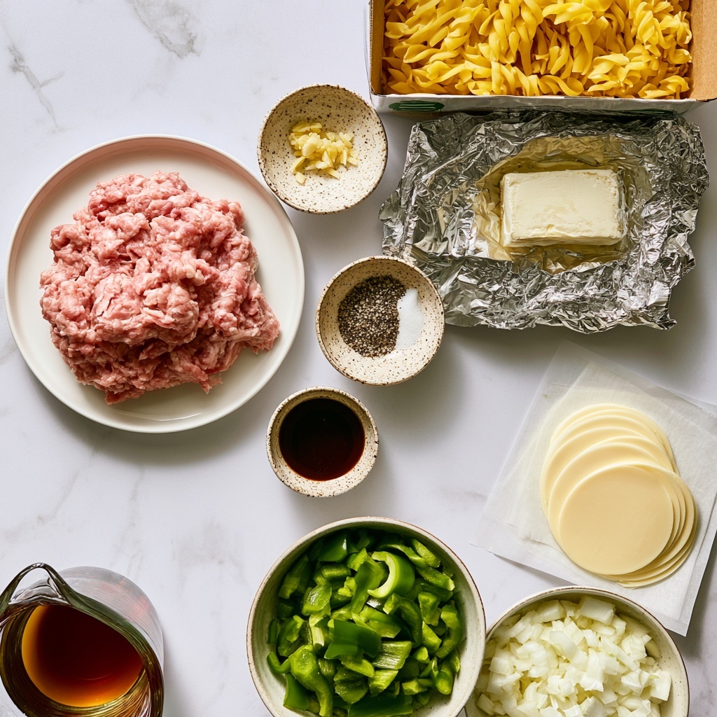 The image shows a top-down view of various cooking ingredients arranged neatly on a white marbled surface. Starting from the top right, there is an open box with uncooked yellow pasta. Below the pasta, there is an unwrapped foil package showing a soft block of cream cheese with a smooth white surface. To the left of the cream cheese, a white plate holds a square of raw ground meat with a wavy, stringy texture and a pale pink color. Above the plate, there are two small white bowls with speckled edges; the left one contains minced garlic, and the right one contains a mix of coarse black pepper and white salt. Below the pepper and salt bowl, a tiny white bowl holds a dark brown sauce or liquid. On the lower right side are two stacks of pale round slices of cheese on white parchment paper. Below this, a white bowl is filled with thinly sliced green bell peppers showing their glossy texture. Next to the peppers on the right, another white bowl holds chopped white onions. At the bottom left corner, a clear measuring cup contains a dark amber liquid. The overall setting is bright, clean, and well organized. Photo taken with an iphone --ar 4:5 --v 7