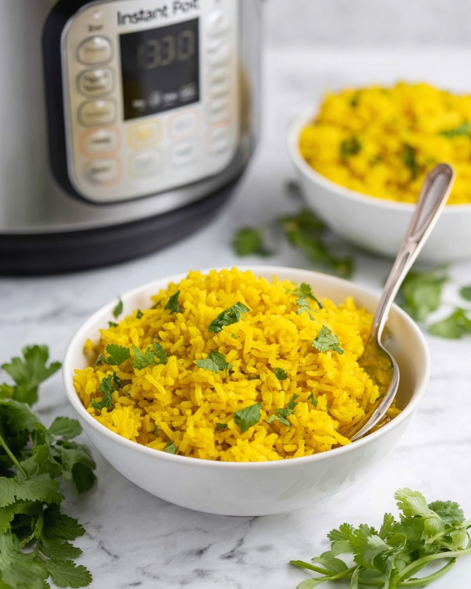 A white bowl filled with bright yellow rice, with visible grains and some green cilantro leaves scattered on top, creating a fresh contrast; a silver spoon is placed inside the bowl on one side. In the background, there is a blurred white bowl also containing the same yellow rice and green cilantro. To the left side, a silver Instant Pot is partially visible with its control panel showing dark and light buttons and the word