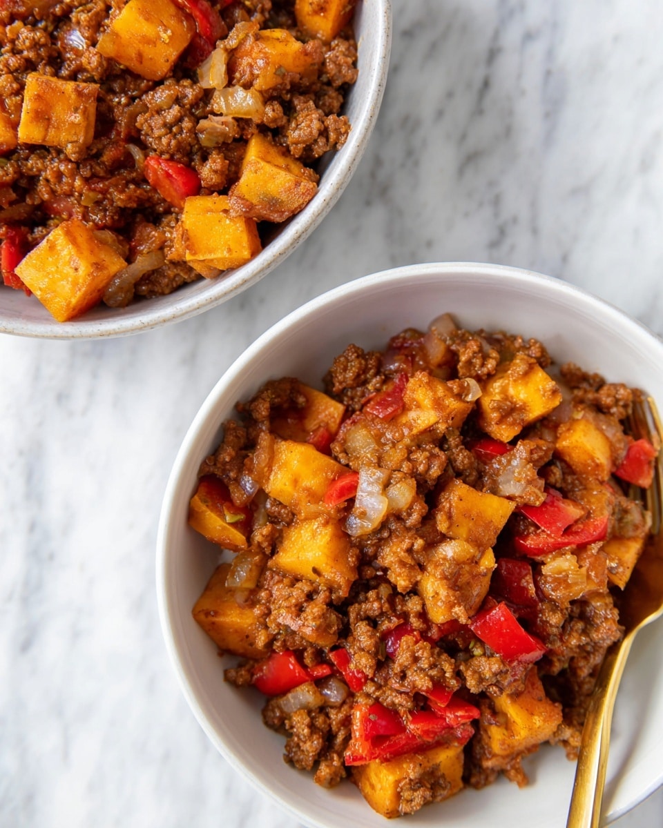 The image shows two white bowls filled with a mixed dish of browned ground meat, chunks of yellow-orange cooked sweet potatoes, diced red bell peppers, and translucent cooked onions. The mixture has a moist, slightly oily texture and a rich, brownish-red color from the seasoning and meat. A gold spoon is partially visible inside the bottom bowl, placed on a white marbled surface, and the focus is close, showing fine details of the food layers. Photo taken with an iphone --ar 4:5 --v 7