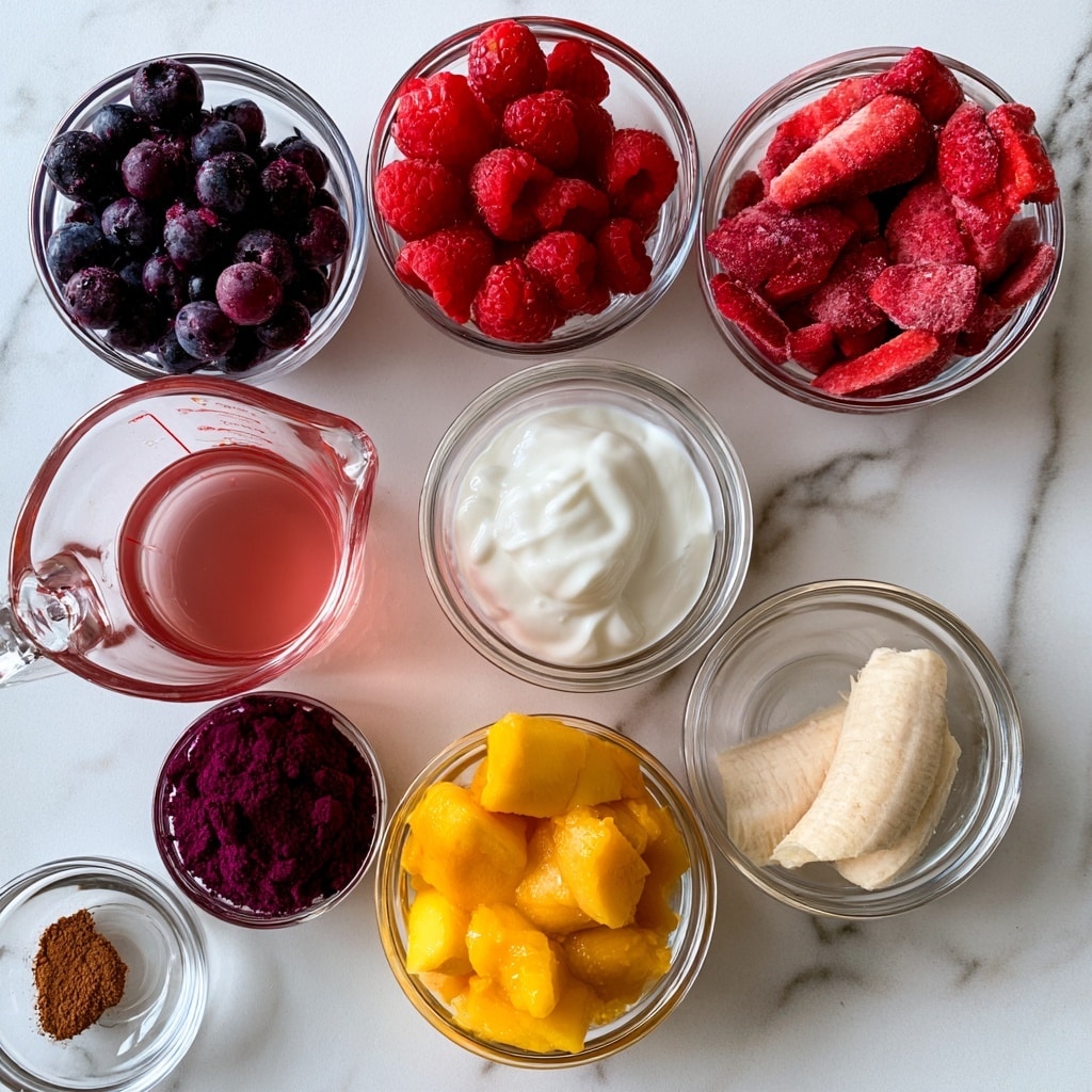 The image shows nine small clear glass bowls arranged on a white marbled surface. Starting at the top and moving clockwise, the first bowl contains dark purple blueberries, the second has bright red raspberries, and the third is filled with red frozen strawberries cut into pieces. Below that, a clear glass measuring cup holds light red coconut water. Next, a bowl contains white yogurt, and beside it is another bowl with two frozen banana pieces. Near the center, a bowl with bright yellow frozen mango chunks stands out. To the left of it, a smaller bowl holds dark purple maqui berry powder, and finally, at the bottom left corner, a tiny bowl contains a small amount of light brown cinnamon powder. photo taken with an iphone --ar 4:5 --v 7