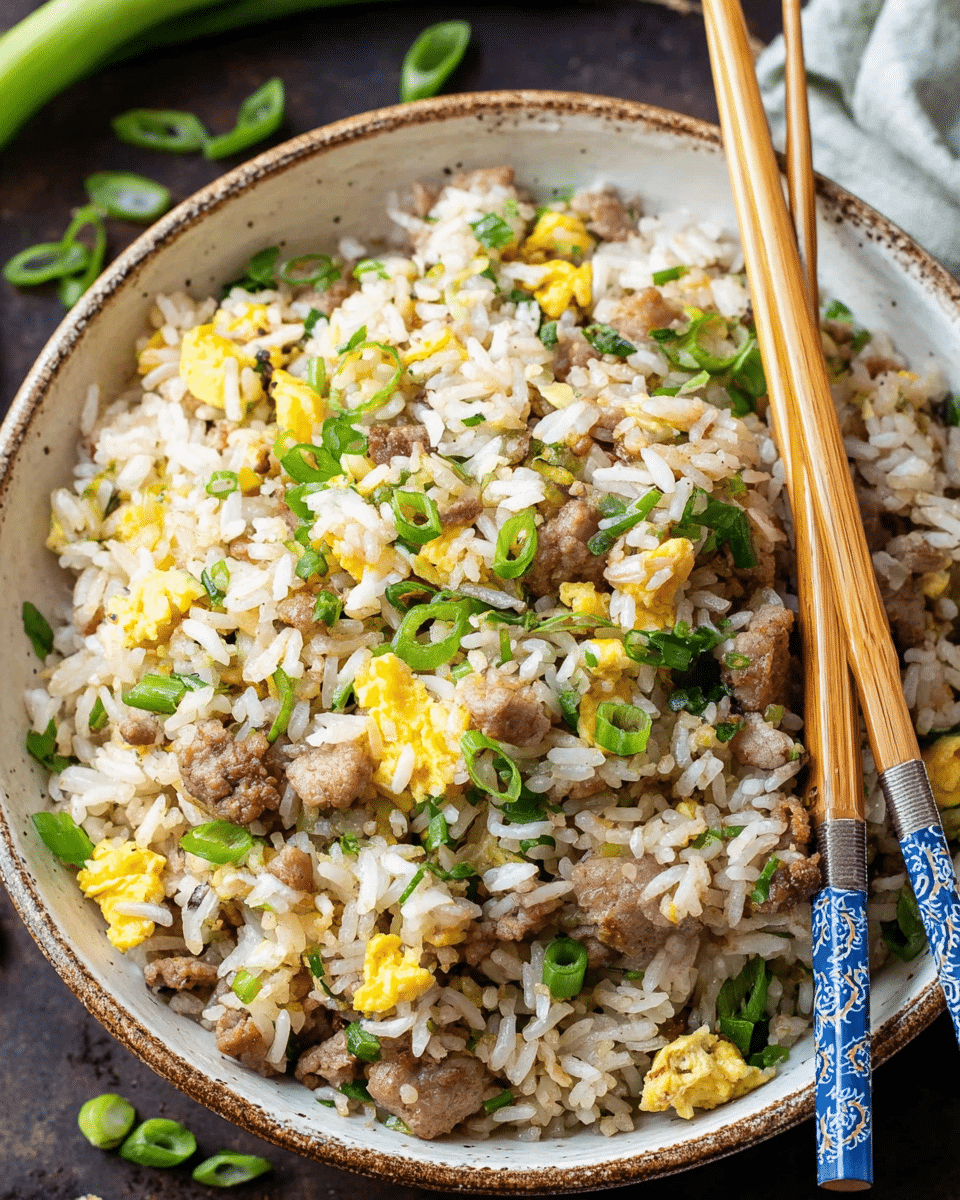 The image shows a close-up of fried rice in a black pan with a black spatula in it. The fried rice has a mix of three main layers: white cooked rice grains scattered evenly, small bright yellow scrambled egg pieces interspersed throughout, and chopped green onions spread all over, adding pops of green. The texture looks soft and slightly oily, with the green onions providing a fresh contrast to the rice and eggs. The pan sits on a white marbled surface. Photo taken with an iphone --ar 4:5 --v 7