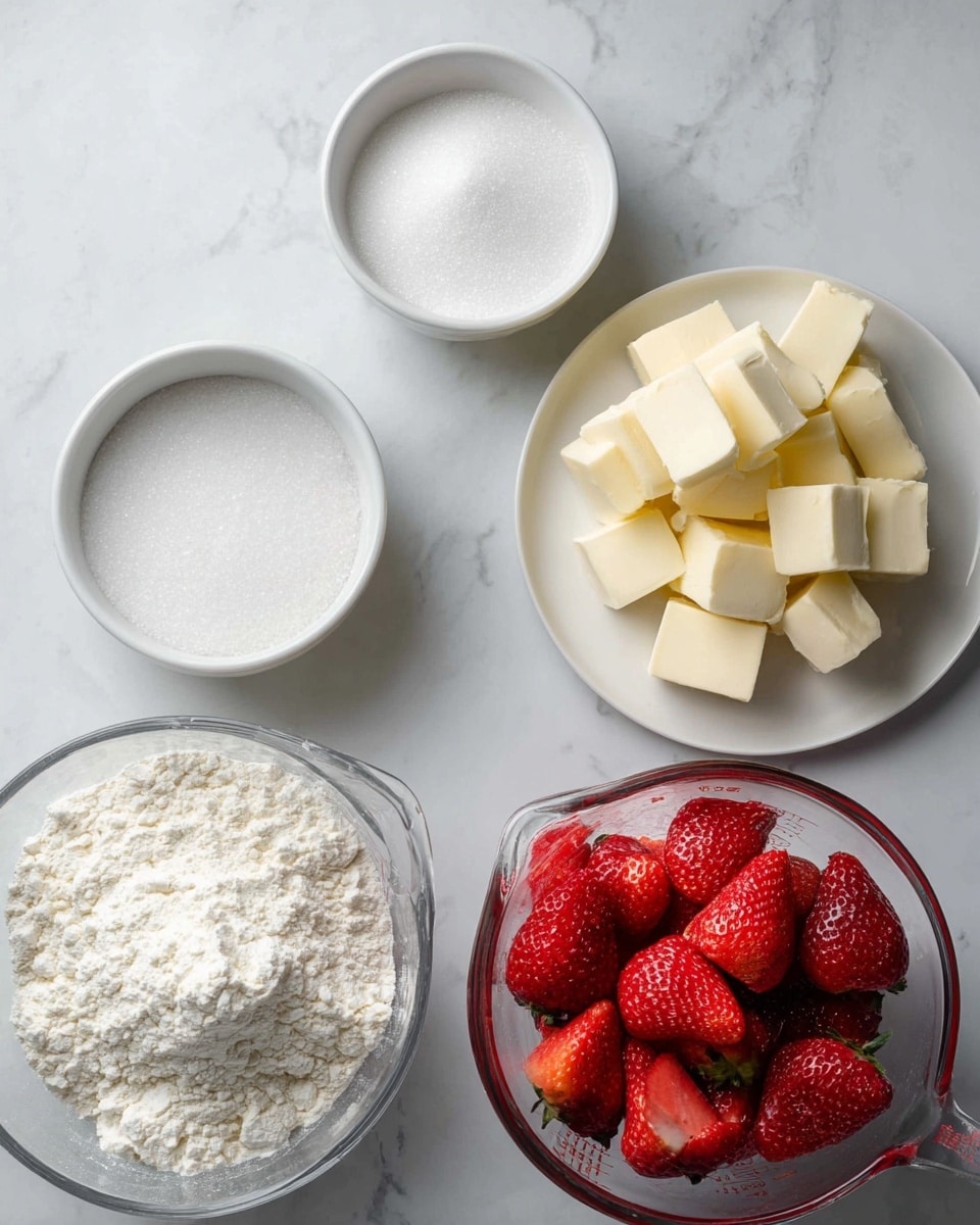 The image shows five white bowls and plates on a white marbled surface, each holding different ingredients. One white bowl is filled with fine white sugar grains, placed in the top left. Near the top center is a smaller white bowl with coarse white salt. Below these, a white plate is filled with pale yellow and white butter cubes stacked loosely. To the bottom left, a large transparent bowl holds a mound of white flour with a powdery texture. Finally, on the bottom right, a glass measuring cup is filled with bright red whole strawberries with green leaves removed and some ice cubes mixed in. Photo taken with an iphone --ar 4:5 --v 7