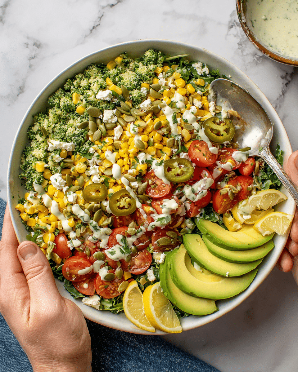 A large white bowl is filled with a colorful fresh salad that has four layers: the bottom layer is finely chopped green broccoli, the second layer contains bright yellow grilled corn pieces and slices of light green jalapeño, the third layer has halved red cherry tomatoes and green onion slices, and the top layer is sprinkled with light green pumpkin seeds, small white cheese crumbles, and fresh chopped herbs. On the right side, there are three green avocado slices and three bright yellow lemon wedges arranged neatly. Light-colored creamy dressing is drizzled over the salad. A woman's hand is holding the bowl on the right side, and another woman's hand is holding a spoon on the left side near the bowl. The background is a white marbled texture. photo taken with an iphone --ar 4:5 --v 7