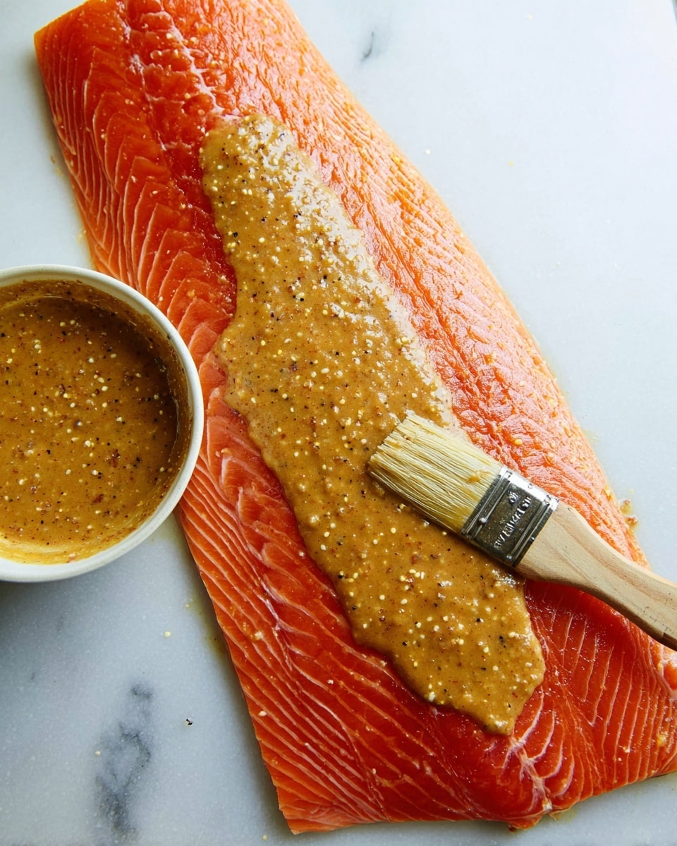 A large piece of raw salmon fillet lies flat on a white marbled surface, covered evenly with a thick, grainy mustard sauce that is golden brown with small chunks. The fillet is a deep orange with visible muscle lines and a slight shine from moisture. To the left of the salmon is a small, white bowl containing more of the same mustard sauce. A wooden-handled brush with light bristles is shown applying the sauce to the salmon near the center of the fillet. Photo taken with an iphone --ar 4:5 --v 7