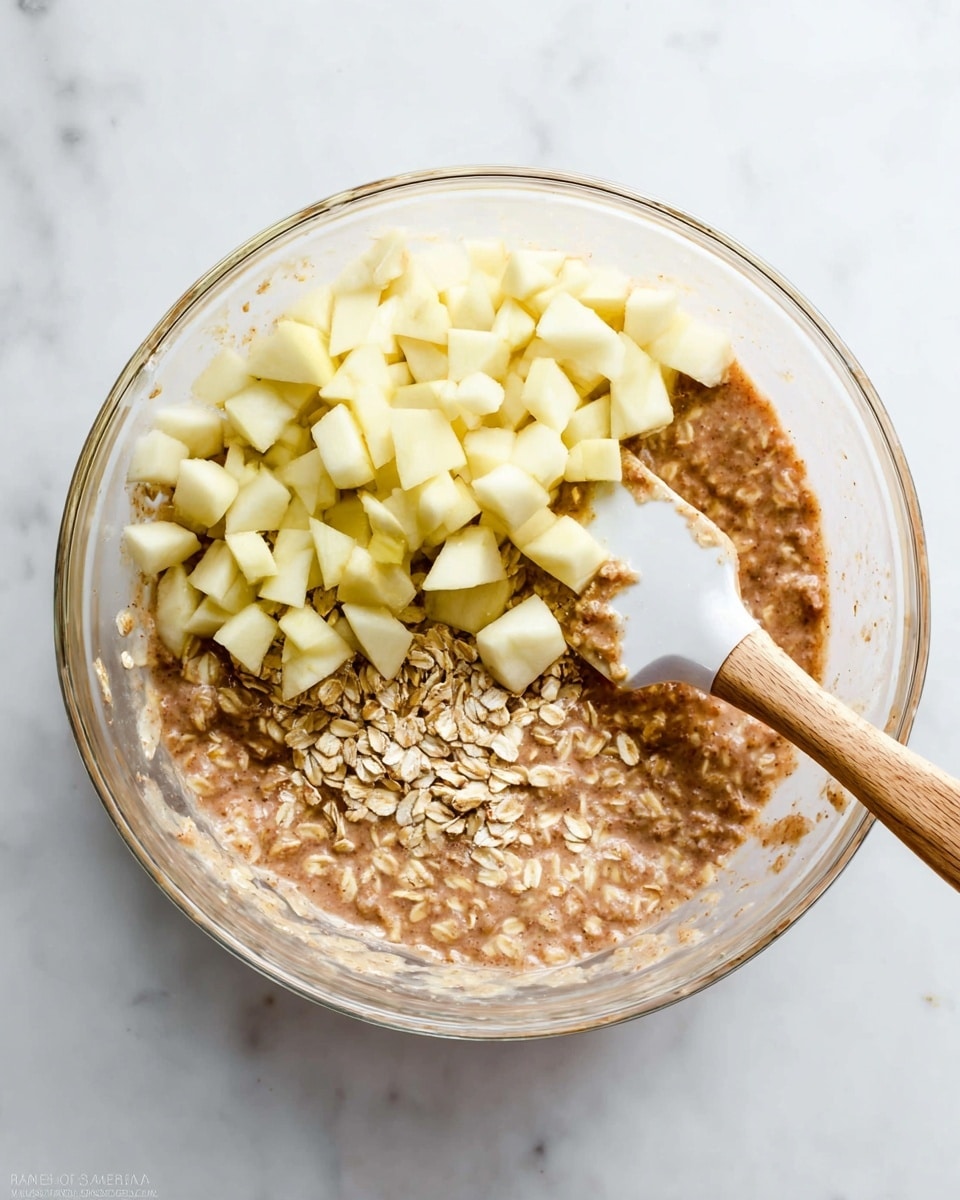A clear glass bowl sits on a white marbled surface, containing a mixture with two layers. The bottom layer is a smooth, light brown batter with visible rolled oats mixed in, showing a rough texture. The top layer consists of small, pale yellow diced pieces of apple that are piled loosely on one side of the bowl. A white spatula with a wooden handle rests inside the bowl, partly submerged in the batter near the diced apples. The spatula's blade shows some batter with oats sticking to it. photo taken with an iphone --ar 4:5 --v 7