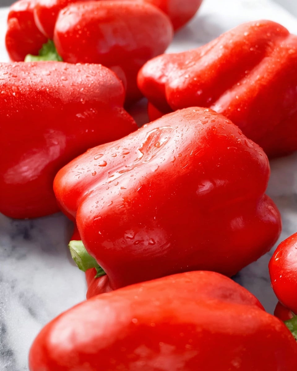 A close-up image shows several bright red bell peppers lying on a white marbled surface. The peppers are plump and smooth with tiny water droplets on their shiny skins. The peppers fill most of the frame, with some overlapping and positioned at different angles, showing their rounded and slightly square shapes. The background is out of focus, keeping all attention on the vibrant red bell peppers. photo taken with an iphone --ar 4:5 --v 7