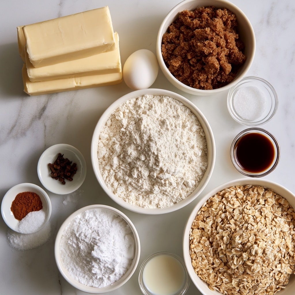 The image shows several baking ingredients arranged on a white marbled surface. At the top left, there are four sticks of light yellow butter stacked on each other. To the right of the butter, a white bowl holds dark brown sugar with a crumbly texture. Below the brown sugar is a single white egg. In the center, a white bowl filled with fine, white flour sits prominently. To the right of the flour, there is a small transparent bowl filled with white sugar and below it, a small bowl with dark brown molasses. At the bottom left, a white bowl contains white powdered sugar with a soft texture. Nearby to the left are two small white bowls holding cinnamon and cloves in reddish-brown powder, salt in white granules, and white baking soda powder. At the bottom right, there is a large white bowl with light brown quick oats that have a rough texture. Lastly, a small transparent bowl with heavy cream and another with dark brown vanilla extract are nearby, completing the collection of ingredients. photo taken with an iphone --ar 4:5 --v 7