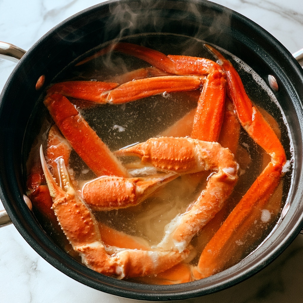 A large black pot filled with steaming hot clear broth holds bright orange crab legs partially submerged, with their textured shells and claws visible through the liquid. The pot has silver handles on each side and sits against a white marbled surface, steam gently rising above the broth. photo taken with an iphone --ar 4:5 --v 7