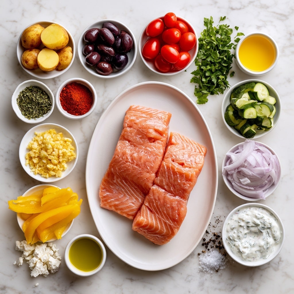 The image shows an overhead view of various ingredients for a meal arranged on a white marbled surface. In the center is a white oval plate with three pieces of raw salmon, light pink with visible texture. Surrounding the plate are small white bowls and dishes, each with different ingredients: baby potatoes cut in halves with a yellowish skin, dark purple olives, bright red cherry tomatoes, chopped green parsley, red paprika powder, a small bowl of yellow lemon juice, sliced green zucchini, Italian seasoning with dry green herbs, minced yellow garlic, thinly sliced light purple red onion, bright yellow bell pepper strips, white crumbled feta cheese, greenish-yellow olive oil, a small bowl of creamy white dill yogurt sauce with green specks, black pepper, and white salt. Everything lies against the clean white marbled surface. photo taken with an iphone --ar 4:5 --v 7