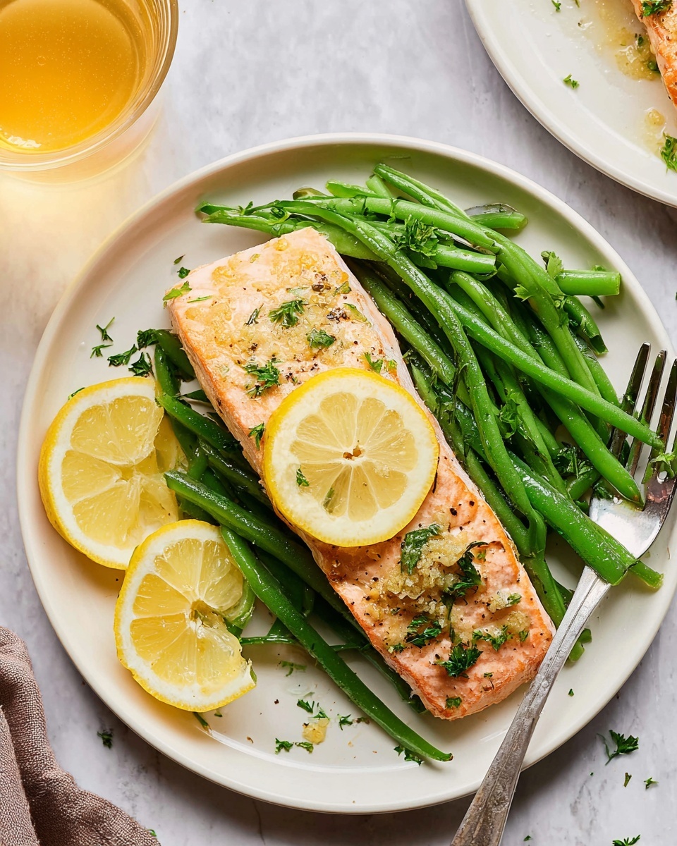 A white plate holds a single cooked salmon fillet topped with a thin, round slice of lemon that shows some slight browning. The salmon has a light orange and pale pink color with small black pepper and green herb bits on it. Underneath the salmon is a bed of bright green, lightly cooked green beans with small pieces of fresh parsley scattered on top. To the left of the salmon are two lemon wedges with yellow skin and white inner flesh. The plate sits on a white marbled surface with part of a silver fork resting on the right edge of the plate. In the top left corner, there is a clear glass containing a light yellow-orange beverage. Another white plate with similar salmon is partly visible in the top right corner. photo taken with an iphone --ar 4:5 --v 7