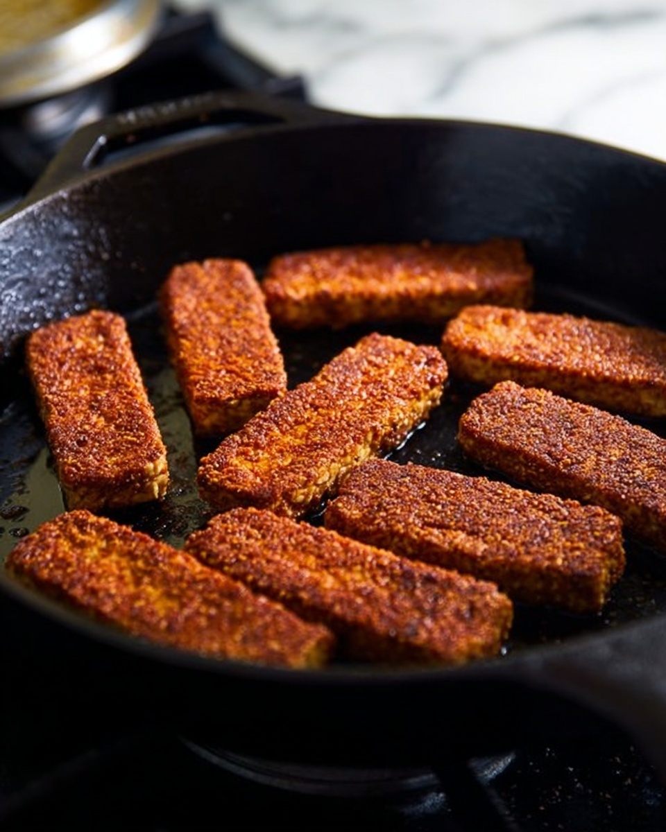 Seven rectangular pieces of tempeh with a crispy, reddish-brown spice coating are arranged neatly in a black cast-iron skillet. Each piece shows a textured surface with visible seasoning, resting flat on the skillet’s surface as they cook. The skillet is heated on a stove, and the background includes blurred kitchen elements but sits on a white marbled texture. The lighting highlights the rich color and texture contrast of the tempeh against the dark skillet. photo taken with an iphone --ar 4:5 --v 7