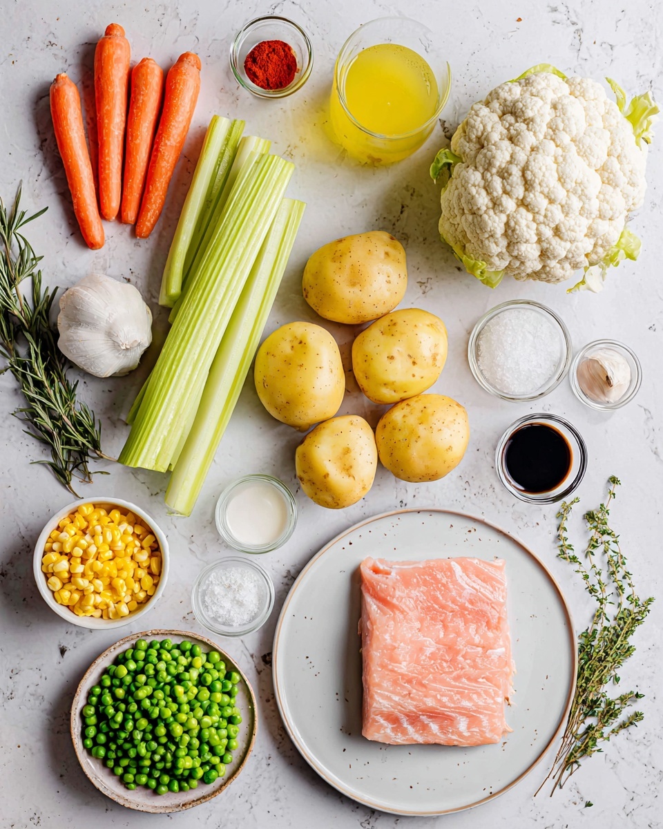 The image shows a flat lay of various fresh ingredients on a white marbled surface. In the center right, there is a large white cauliflower and beside it, five yellow potatoes with a firm texture. Below the potatoes are two large celery sticks that are light green with a smooth texture. To the left of the celery, two bright orange carrots with a slightly rough surface are placed next to a small green bunch of rosemary. Below the rosemary, there is a small bowl filled with yellow corn and a smaller bowl with green peas. Toward the bottom right, a white plate holds a thick piece of pink fish fillet with visible lines. Scattered around are small white bowls, one holding a white creamy substance, another with a dark soy sauce, and a third with a reddish paste. There are also small piles of white powder, salt and pepper shakers, garlic cloves, a sliced onion half, yellow liquid in a glass container, and fresh thyme sprigs, all arranged neatly around the center. Photo taken with an iphone --ar 4:5 --v 7