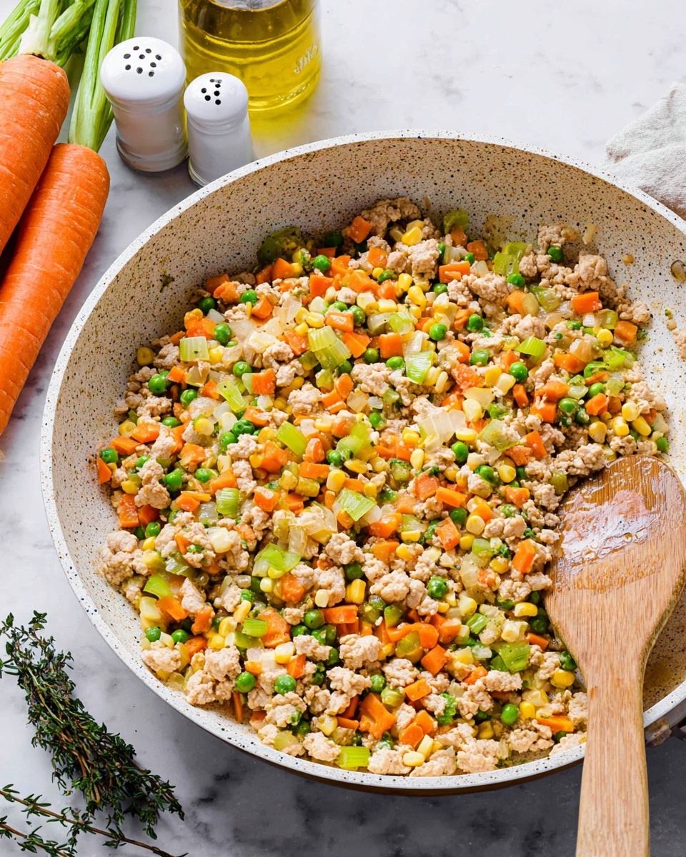 A close-up view of a white speckled frying pan filled with a colorful mix of small chopped vegetables and light tan pieces of ground chicken cooked together. The visible vegetable layers include bright orange carrots, green peas, yellow corn, and pale green celery, all mixed evenly throughout the chicken. A wooden spatula is placed inside the pan on the right side, partially covered by the food. In the background on a white marbled surface, there are fresh carrots, celery stalks, a halved onion showing its white inside, salt and pepper shakers, a bunch of fresh thyme, and a bottle of oil. Photo taken with an iphone --ar 4:5 --v 7