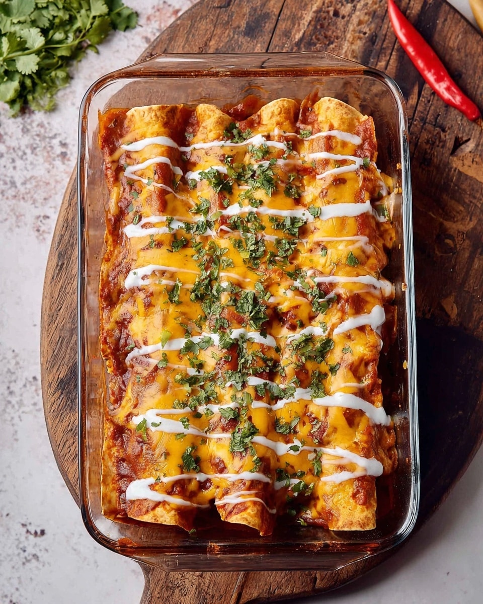 A close-up image of a clear glass square baking dish filled with eight rolled enchiladas placed side by side in two rows. Each enchilada is covered with melted yellow and white cheese sauce, with melted cheese dripping over the edges. The top layer is garnished with small green herb pieces. A wooden spatula is lifting two enchiladas on the right side, showing the textured brown filling inside the pale yellow tortillas. The dish is resting on a dark rustic wooden surface with scattered red chili peppers and green herbs around it. Photo taken with an iphone --ar 4:5 --v 7