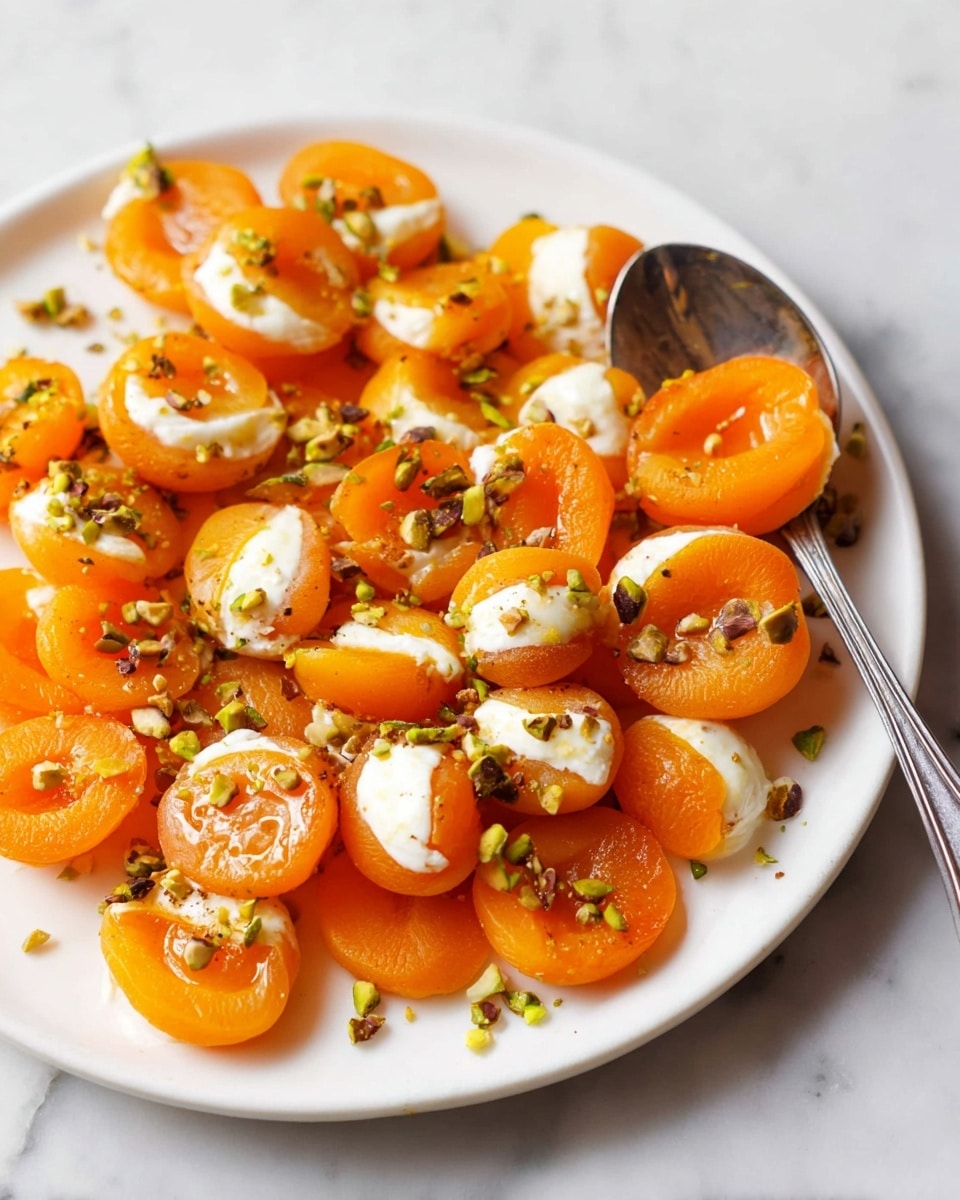 A stack of six round orange sweets with a soft, moist texture is shown in the center of a white plate on a white marbled surface. Each sweet is layered with a thick white creamy filling, slightly spilling out between the layers. The orange sweets have a glossy finish and are sprinkled with small green pistachio nut pieces on top and around. More similar sweets are scattered loosely in the background, slightly blurred, creating a depth effect. photo taken with an iphone --ar 4:5 --v 7
