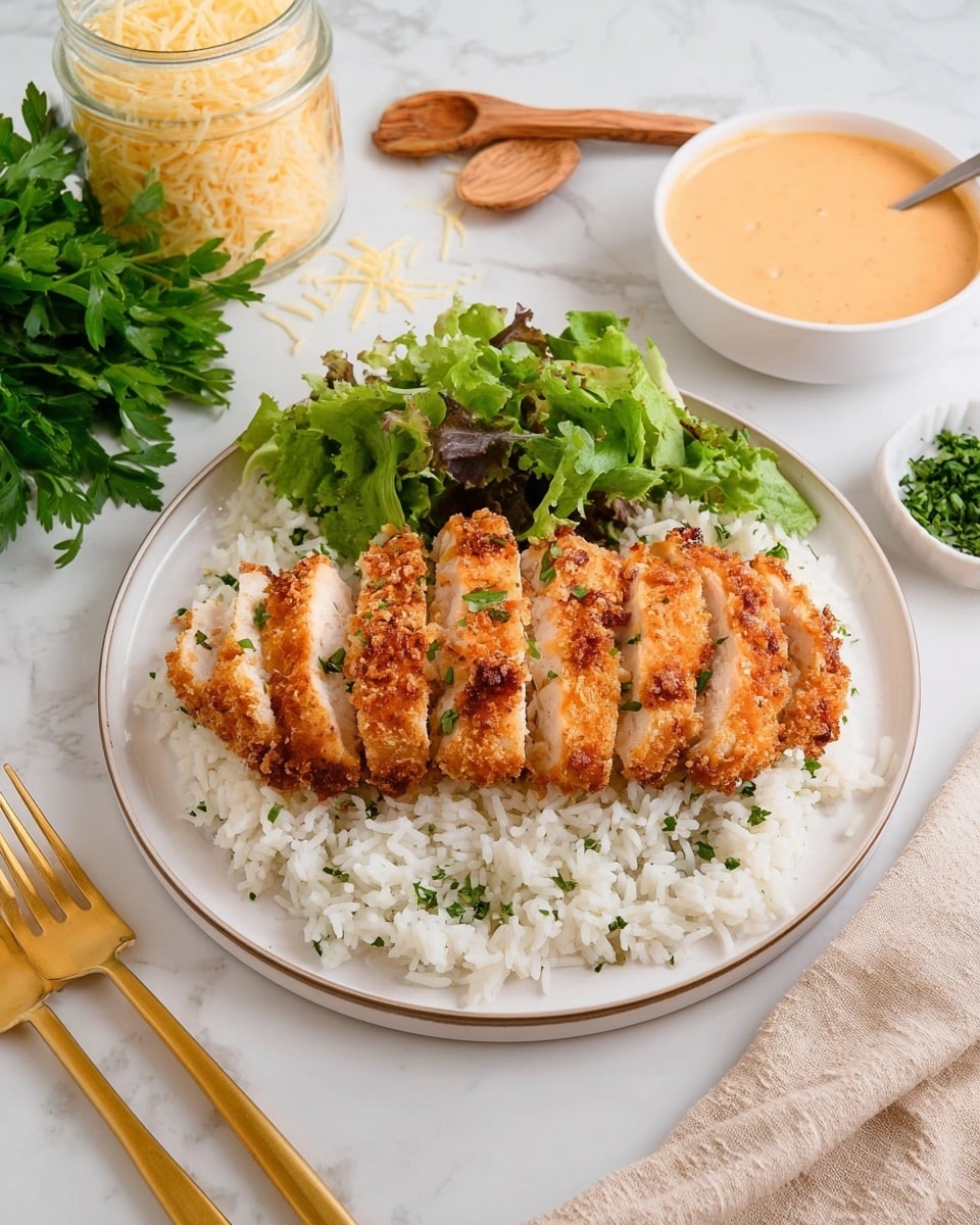 This dish shows a white plate with a bed of fluffy white rice sprinkled with small green herb pieces as the bottom layer. On top of the rice, there are golden-brown crispy sliced pieces of chicken arranged in a neat row across the center of the plate. Behind the chicken, there is a small bunch of fresh green leafy salad. To the right of the plate, there is a small white bowl filled with a creamy light orange sauce. The setting includes a white marbled textured surface with a bunch of fresh parsley on the left, a clear glass jar with shredded cheese and a wooden spoon in it behind the plate, and two golden forks in the foreground with a light beige cloth on the right side. Photo taken with an iphone --ar 4:5 --v 7