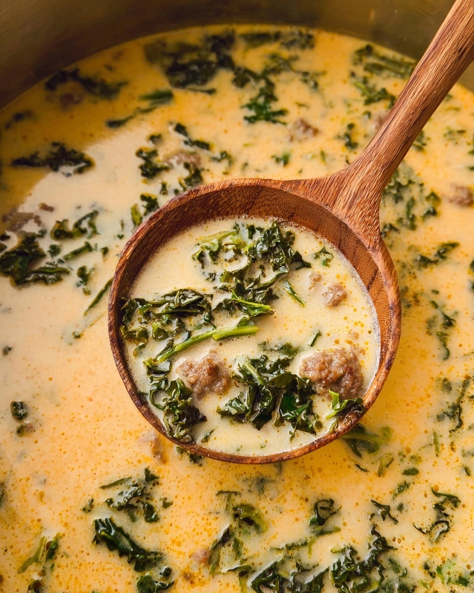 A wooden spoon holds a creamy soup with a light orange base, mixed with dark green leafy kale and small pieces of browned sausage. The soup is thick and smooth with hints of oil floating on top. The pot contains more of the same soup with green kale pieces scattered throughout the creamy orange broth. The background is a pot with a slightly shiny metal surface and the image is close up to focus on the textures of the soup and the spoon. Photo taken with an iphone --ar 4:5 --v 7