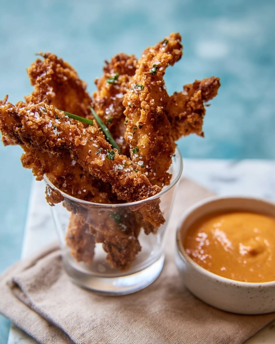 A clear glass holds a stack of dark golden brown, crunchy fried chicken pieces with rough textured crusts sprinkled with coarse salt and small green herbs. Behind the glass, there is a blurred white bowl filled with thick orange dipping sauce, all placed on a white marbled surface. photo taken with an iphone --ar 4:5 --v 7