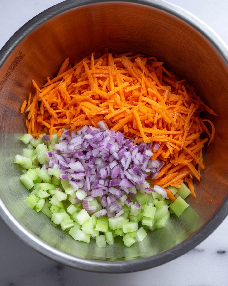 Inside a steel mixing bowl, there are three layers of chopped vegetables. At the bottom, there is a layer of light green diced celery pieces with a smooth texture. Above the celery, there is a layer of finely chopped purple onion, with a slight shine and small square pieces. On top, there is a layer of thin, bright orange julienned carrots with a slightly rough texture, loosely piled. The bowl is placed on a white marbled surface. photo taken with an iphone --ar 4:5 --v 7