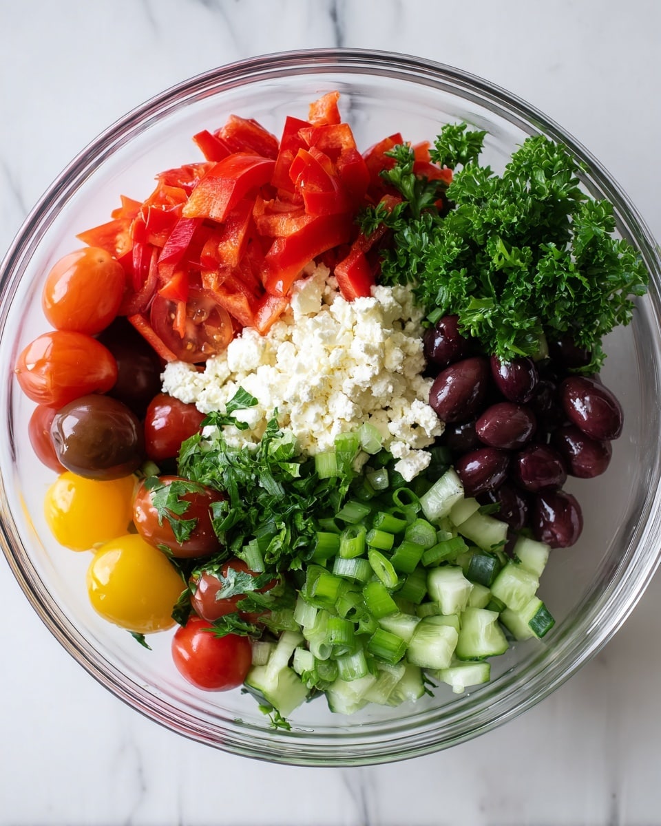 A clear glass bowl sits on a white marbled surface, filled with bright fresh cut vegetables and cheese arranged in sections. Starting from the bottom left, there are halved red and yellow cherry tomatoes, followed by a crumbly white cheese layered next to the tomatoes. Above the cheese is a heap of bright red roasted pepper strips. To the right of the peppers are dark purple olives, next to green chopped cucumbers. Below the cucumbers are finely sliced green onions with bright green parsley leaves layered above them, completing the colorful mix of fresh ingredients. photo taken with an iphone --ar 4:5 --v 7
