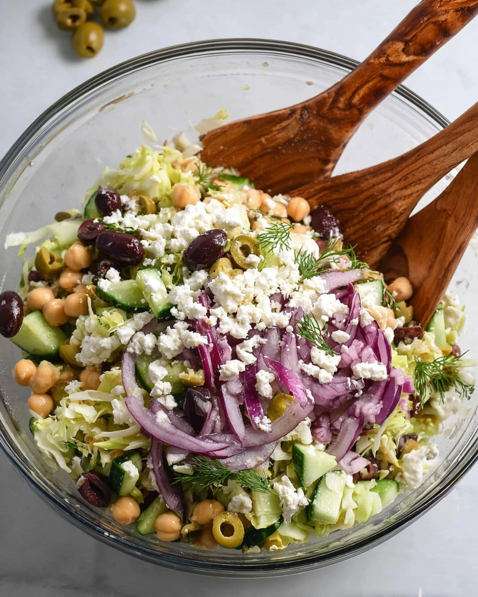 A white bowl filled with a fresh salad showing several layers: at the base, light green chopped cabbage mixed with sliced purple onion, light beige chickpeas, dark purple and olive green whole olives, diced light green celery, and small sprigs of bright green dill all mixed evenly. A wooden salad fork is resting on the salad at the right side. In the background, near the bowl, there is a blue bowl with bright yellow lemons and three whole garlic bulbs on a white marbled surface with green dill leaves peeking out. Photo taken with an iphone --ar 4:5 --v 7