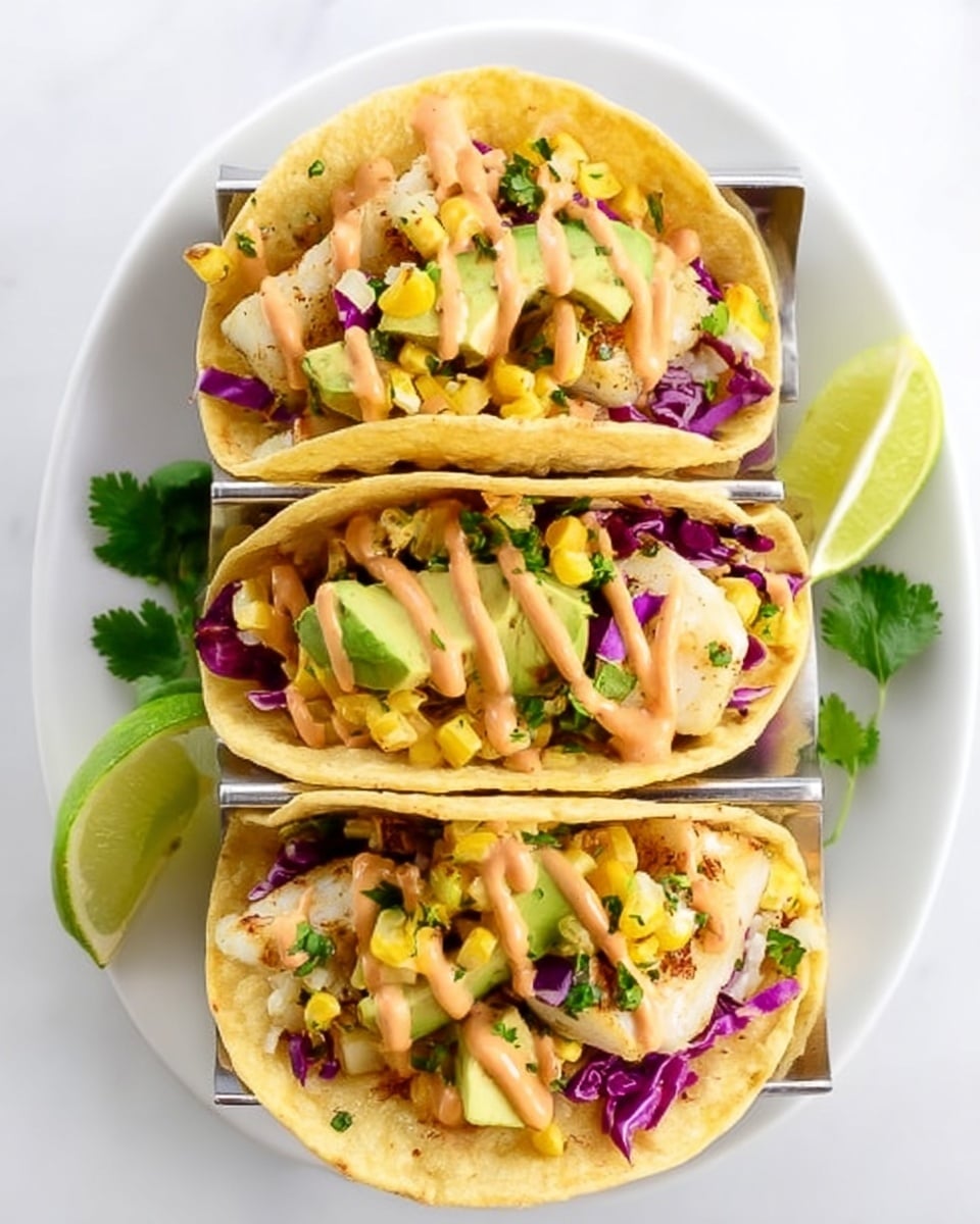 A small round corn tortilla serves as the base, topped with a layer of purple cabbage and chopped green cilantro. On top of this is a layer of white chopped seafood, scattered with yellow corn kernels and small pieces of red onion. Bright green guacamole is spread generously over the seafood. An orange creamy sauce is drizzled in wavy lines across the top. Around the tortilla, there are sliced green jalapeno rounds and two lime wedges on a white marbled surface. Photo taken with an iphone --ar 4:5 --v 7