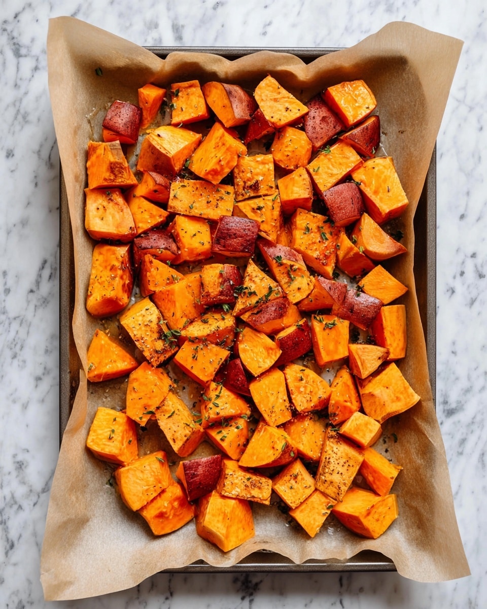 The image shows a baking tray lined with light brown parchment paper filled with large chunks of orange sweet potatoes with reddish skin still on. The pieces are spread out evenly across the tray, and there are small bits of green dried herbs sprinkled on top of the sweet potatoes. The tray is placed on a white marbled textured surface. photo taken with an iphone --ar 4:5 --v 7