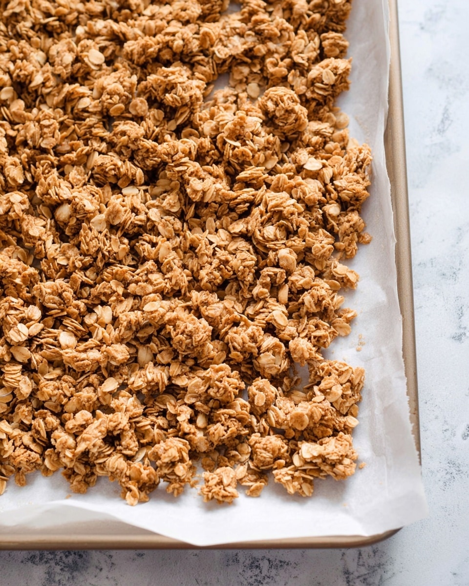 A close-up view of a baking tray filled with clusters of golden brown granola spread evenly on white parchment paper. The granola pieces are irregular in shape and size, with visible oats and scattered light tan nuts or seeds mixed throughout. The baking tray edges are slightly visible, and the tray is placed on a white marbled surface, giving a clean and fresh look. The granola texture is crunchy and crumbly with a natural toasted color. photo taken with an iphone --ar 4:5 --v 7