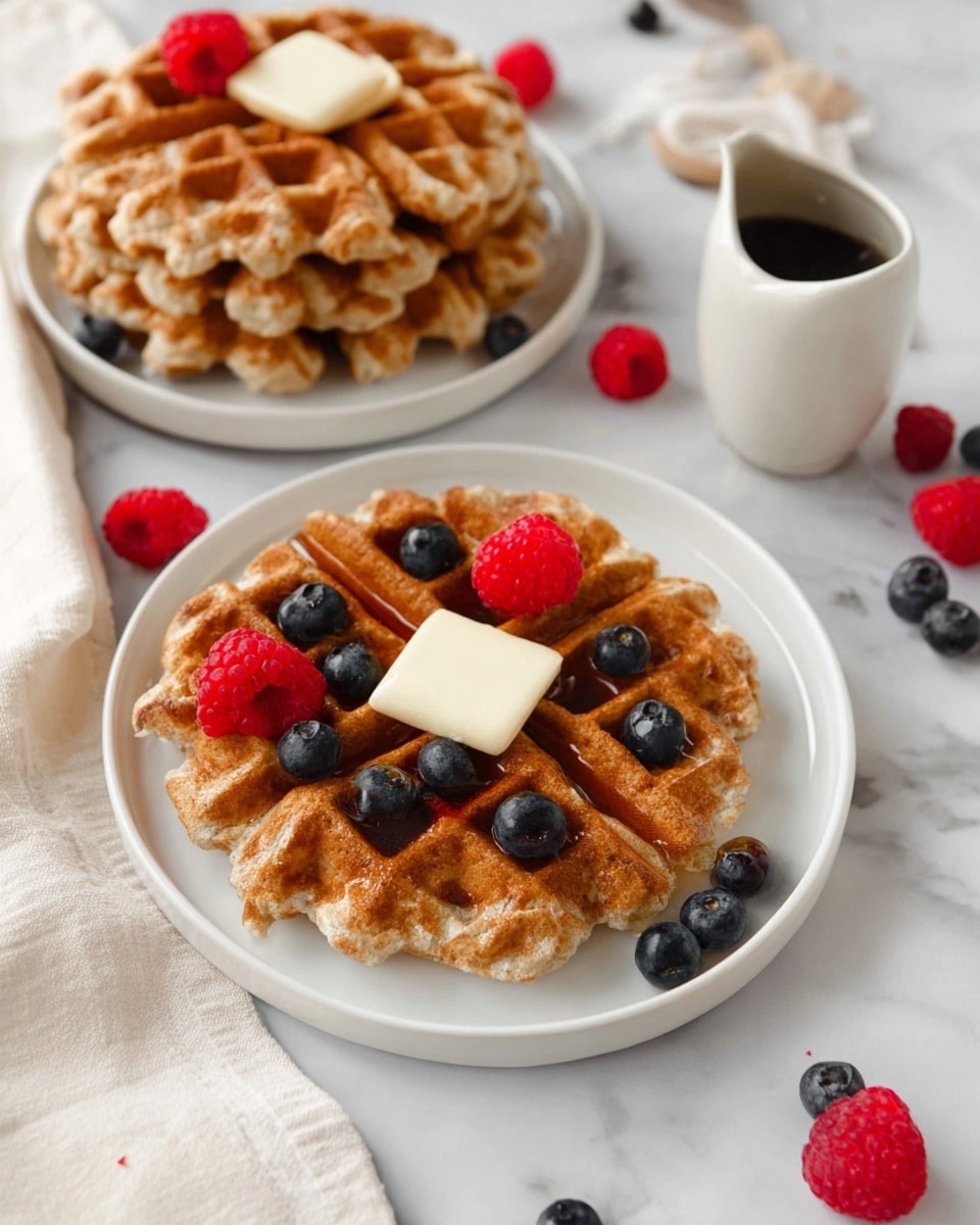 A white plate holds a single golden brown waffle with a square pattern, topped with two white pat of butter, fresh red raspberries, and dark blue blueberries. A woman's hand pours amber syrup over the waffle, creating a shiny flow over the butter and fruit. Around the plate, there are scattered raspberries and blueberries on a white marbled surface. In the background, a white container holds more red raspberries, and a glass of milk is partly visible. A silver fork lies to the right of the plate. photo taken with an iphone --ar 4:5 --v 7