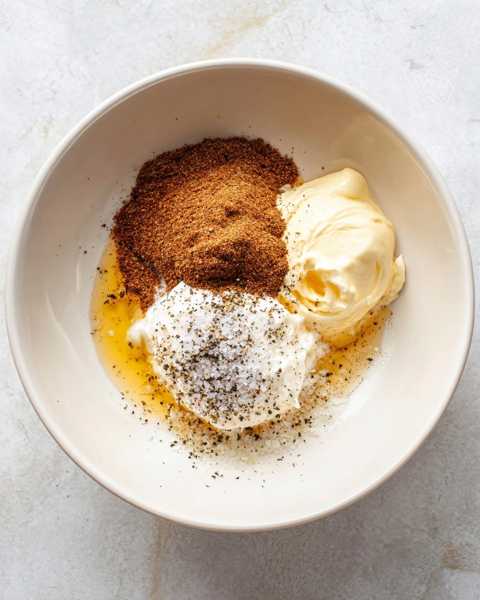 Inside a white bowl on a white marbled surface, there are five distinct layers of ingredients: a mound of brown spice powder is positioned at the upper center, a dollop of pale yellow mayonnaise is on the right, a heap of white sour cream sprinkled with black pepper is in the middle left, a sprinkling of coarse white salt is at the lower right, and a light golden syrup pooling around the ingredients creates a soft shine and surrounds the cluster. The textures range from powdery to creamy and smooth, with the colors brown, pale yellow, white, black, and golden blending gently. photo taken with an iphone --ar 4:5 --v 7