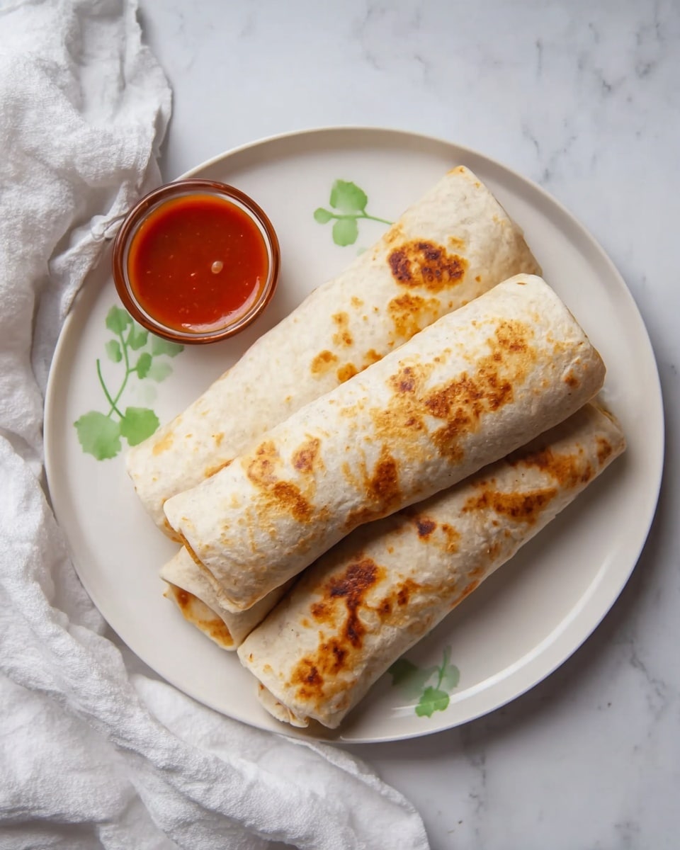 Three rolled tortillas with golden brown grill marks on top lie stacked on a white plate with a simple green leaf design. Next to the plate is a small glass bowl filled with a red sauce. All of this is set on a white marbled surface, and a white cloth is softly draped nearby. photo taken with an iphone --ar 4:5 --v 7