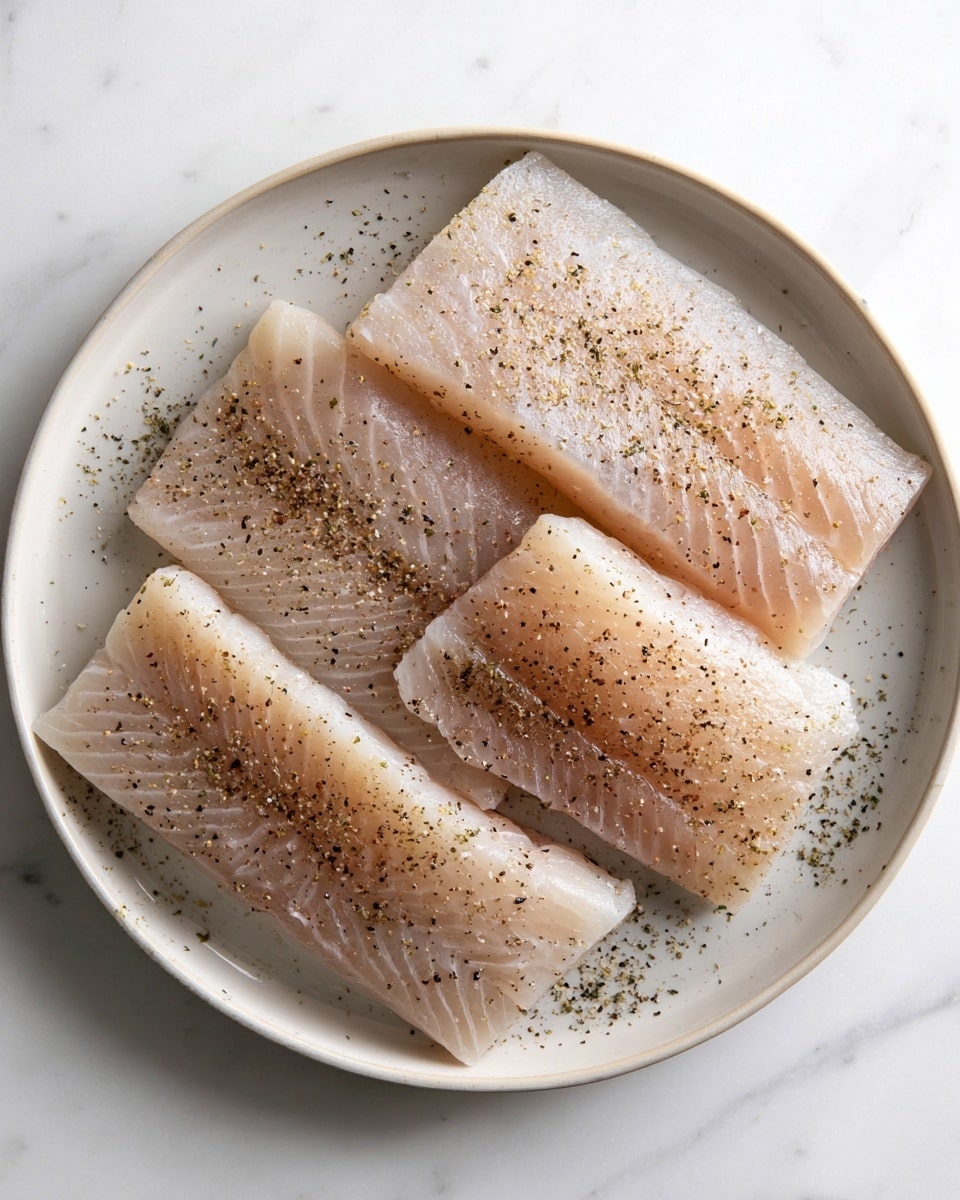 Four raw fish fillets lie side by side on a white plate, each piece showing a slight pink and beige gradient with smooth, firm texture and visible thin lines running diagonally. The fish is lightly sprinkled with coarse salt and cracked black pepper, giving a touch of black and white specks over the pale surface. The plate sits on a white marbled surface, adding a clean and fresh feeling to the image. photo taken with an iphone --ar 4:5 --v 7