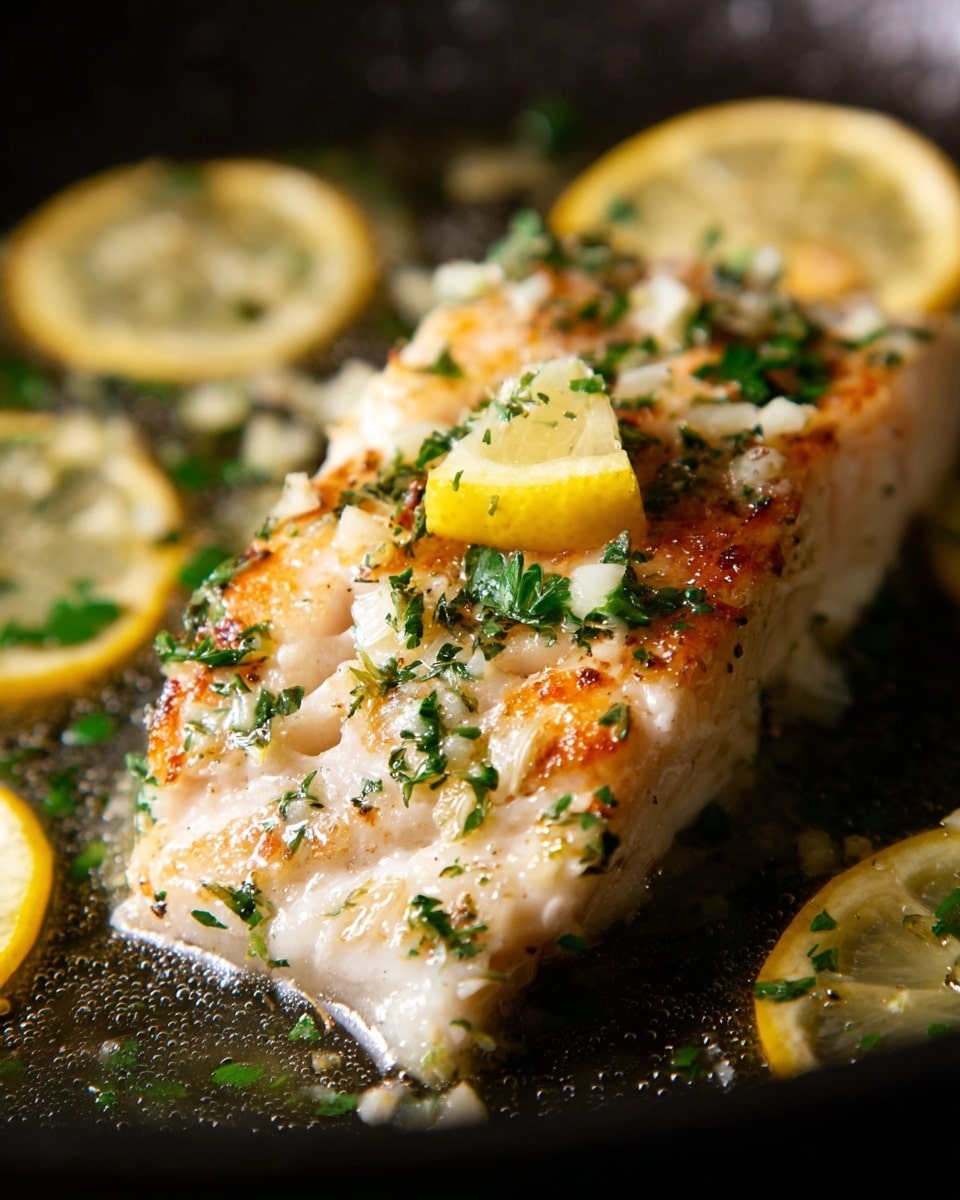 A cooked piece of light pink fish fillet with a golden brown seared crust sits centered in the image, topped with a small yellow lemon wedge and sprinkled with bright green chopped herbs and small bits of white garlic. Around the edges of the fillet and in the background are several thin yellow lemon slices with herbs and garlic scattered over the surface. The fillet is resting in a shallow layer of light sauce with a glossy texture. The background is a dark cooking pan, while the photo is focused closely on the main fillet, showing the detailed textures and colors clearly. Photo taken with an iphone --ar 4:5 --v 7