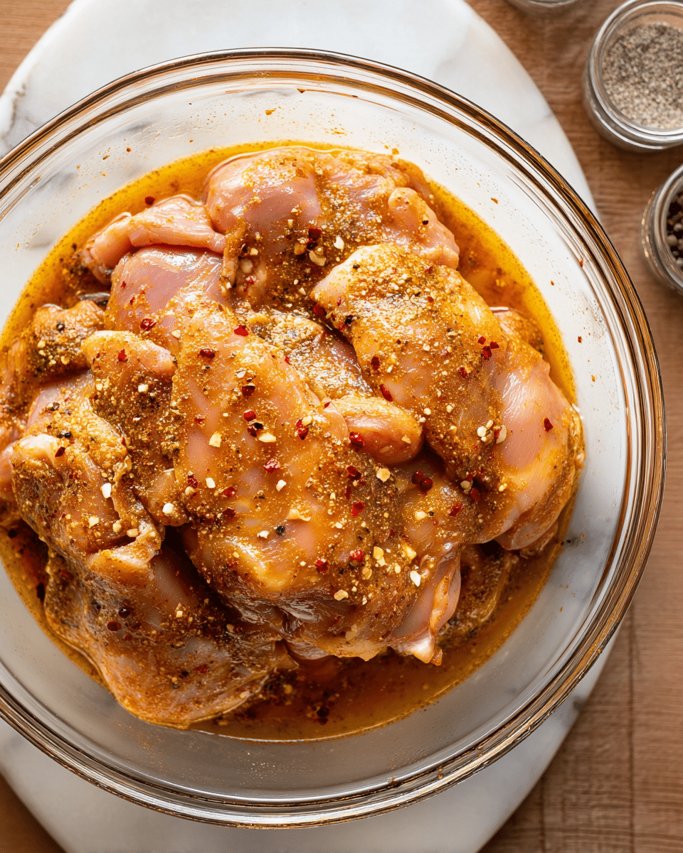 A clear glass bowl is filled with raw chicken thighs, layered closely on top of each other, with a rich orange marinade coating the meat. The chicken shows a slightly glossy texture from the marinade, which has visible black pepper, red chili flakes, and coarse salt sprinkled on the surface. The marinade pools slightly at the bottom, creating an oily, smooth layer beneath the chicken pieces. The bowl sits on a white marbled texture, with small round containers of salt and pepper blurred out at the top right edge of the image. Photo taken with an iphone --ar 4:5 --v 7