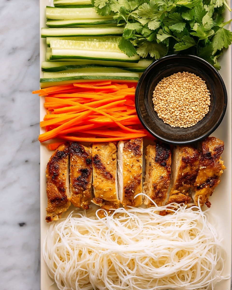 A white rectangular plate on a white marbled surface holds a neatly arranged dish with five layers from top to bottom: thin green cucumber sticks on the top left, thin orange carrot sticks directly below them, fresh green cilantro leaves to the right, a small black bowl on the top right filled with light tan sesame seeds, a layer of white rice noodles just below the carrots and cilantro, and thick golden grilled chicken pieces with a slightly crispy texture arranged at the bottom, showing tender white meat inside. Photo taken with an iphone --ar 4:5 --v 7