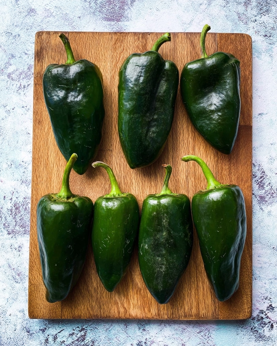 The image shows a wooden cutting board placed on a white marbled texture surface. On the board, there are six dark green poblano peppers with glossy, smooth skins. They are arranged in two rows, with three peppers in the top row and three in the bottom row. Each pepper has a slightly different shape and size, some more elongated and others wider. The stems are attached to all peppers, adding a touch of lighter green color at the top. The background has a rough white marbled look that contrasts with the rich green color of the peppers. photo taken with an iphone --ar 4:5 --v 7
