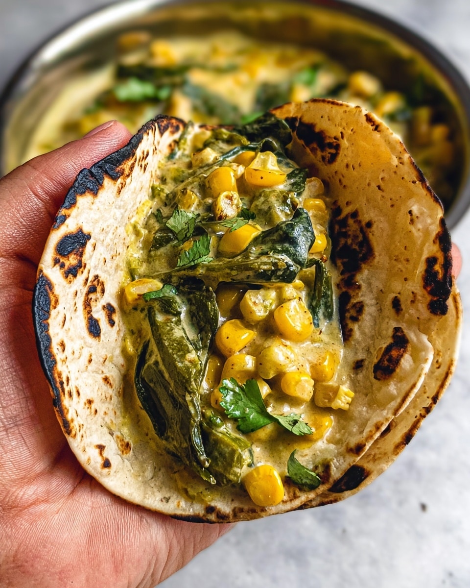 A close-up of a small soft tortilla with dark grilled spots on the edges, held by a woman's hand. Inside the tortilla, there is a creamy yellow layer of sauce mixed with visible green leafy vegetables that look soft and coated with sauce. Scattered throughout are bright yellow corn kernels and small bits of green herbs, adding texture and color. The background shows another bowl with a similar creamy dish but it is out of focus, and all is set against a white marbled surface. photo taken with an iphone --ar 4:5 --v 7