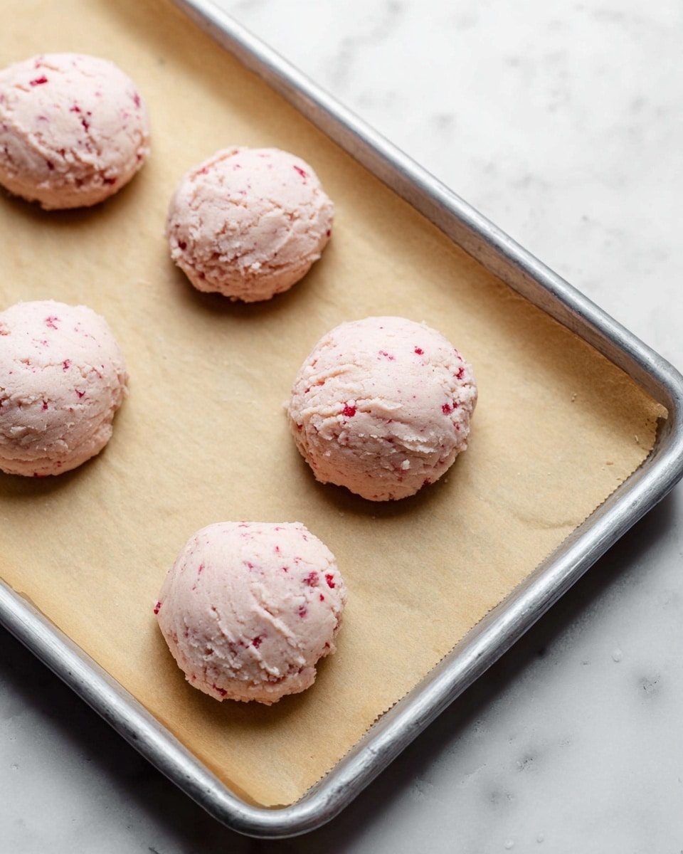 There are five pale pink cookie dough balls with small red bits inside, placed evenly on a tan parchment paper that lines a silver baking tray. The dough balls look soft with a slightly rough texture on top. The background is a white marbled surface. photo taken with an iphone --ar 4:5 --v 7