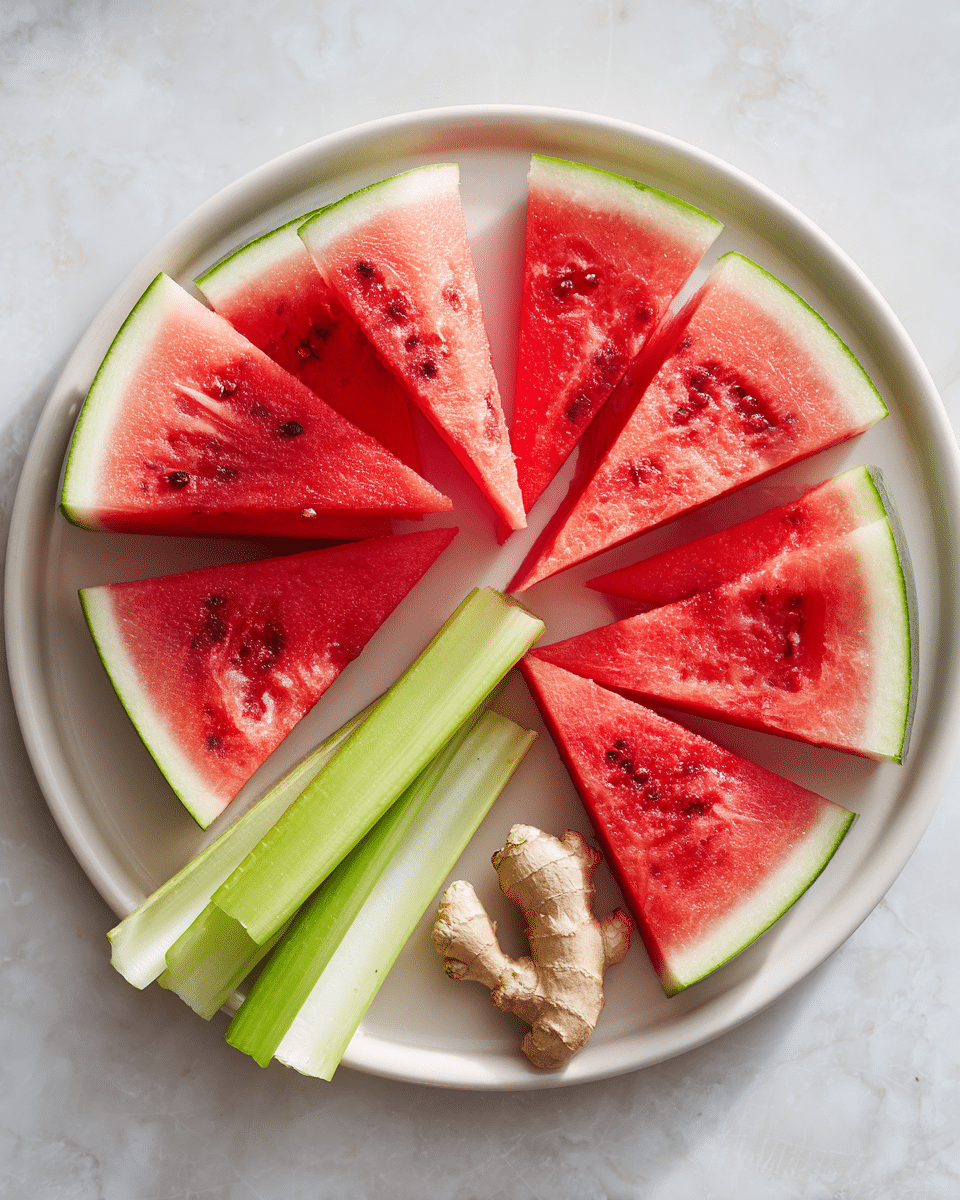 A white plate holds several bright red watermelon wedges arranged around the edge, showing juicy, seed-speckled interiors. In the center are long, fresh celery sticks stacked neatly, their light and medium green hues contrasting with the watermelon. Near the right edge of the plate, a small piece of light brown ginger root is placed, with a rough texture. The plate sits on a white marbled surface photo taken with an iphone --ar 4:5 --v 7
