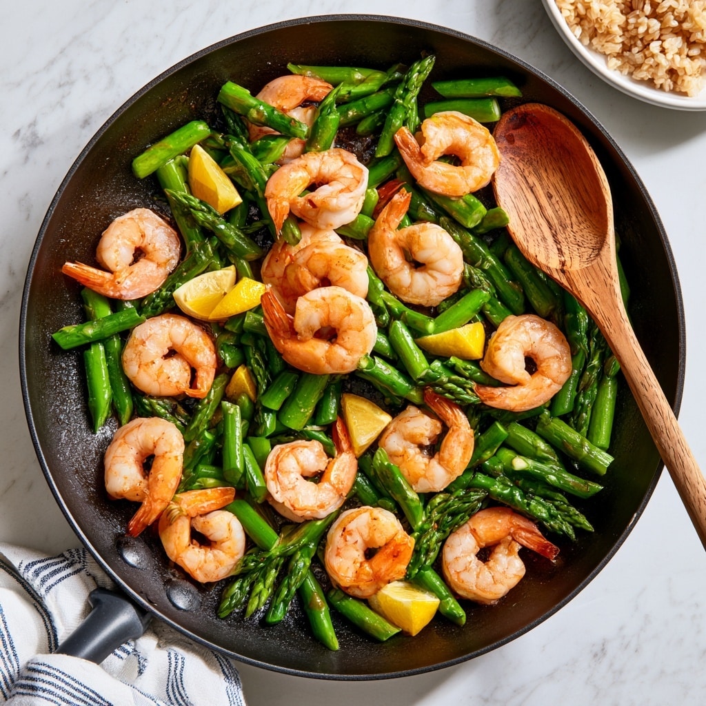 The dish shows a bowl with two main layers. The bottom layer is light brown rice filling half the bowl with a soft texture. On top of the rice is a layer of cooked green asparagus pieces mixed with six pink-orange shrimp with light char marks, arranged loosely across the bowl. The shrimp are plump and sit above the asparagus. Fresh green chopped herbs are sprinkled over the entire dish. Two yellow lemon wedges sit on the edge of the bowl, and a silver fork rests inside the bowl on the rice side. The bowl is placed on a white marbled surface, with some green herb sprigs scattered around, and a striped cloth nearby. photo taken with an iphone --ar 4:5 --v 7