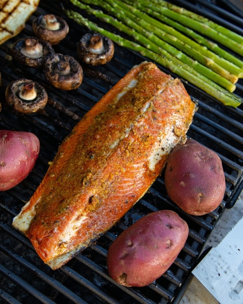 A large salmon fillet lies at the center of a grill, covered with a shiny, slightly textured mustard and spice sauce showing a mix of light orange and beige colors. Around the salmon, three whole reddish-brown sweet potatoes rest with slightly wrinkled skin. Above the fish are several grilled dark brown mushrooms, some of which show light grill marks and a bumpy texture. Bright green asparagus spears, also grilled with black sear marks, are placed both above and below the salmon, adding a fresh look. The grill’s black bars underneath create a striped base, and parts of a white marbled surface are visible, along with a silver spatula on the lower right. Photo taken with an iphone --ar 4:5 --v 7