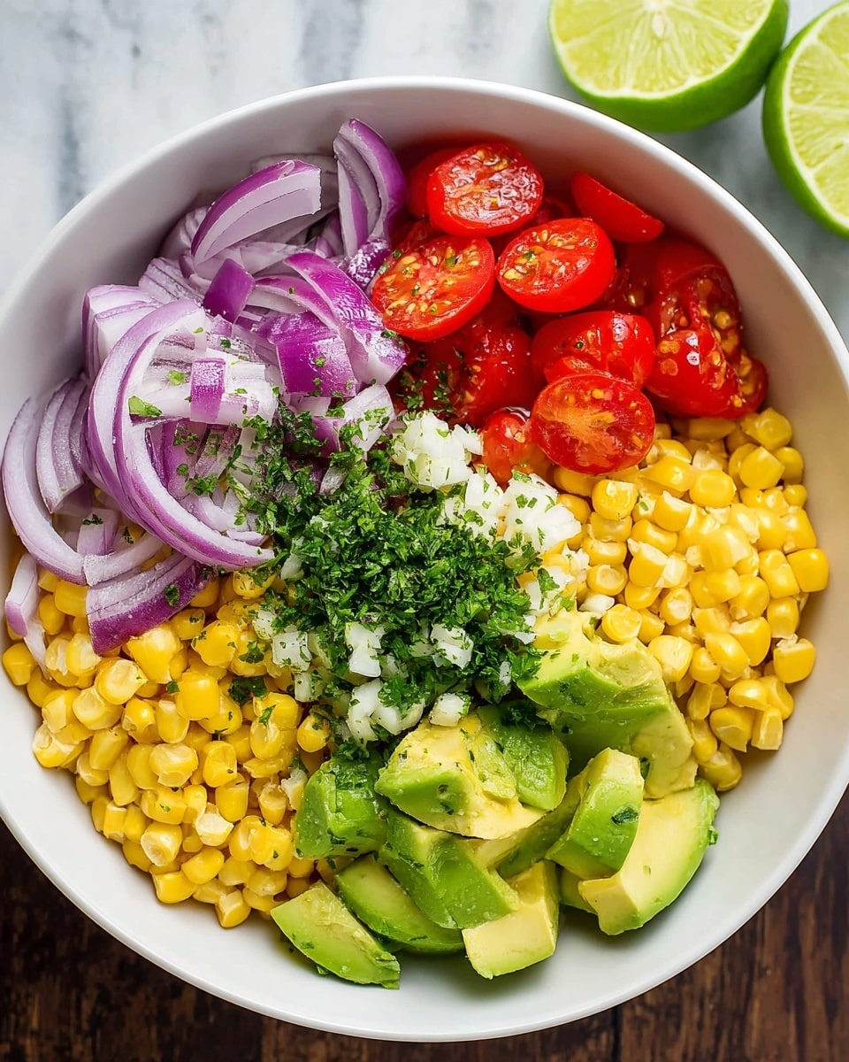 A white bowl with colorful layered fresh ingredients: sliced purple onions on the top left, bright red quartered cherry tomatoes next to it on the right, vibrant yellow corn pieces on the bottom right, green sliced avocado arranged neatly on the bottom left, all topped with a small pile of finely chopped green herbs and some minced white garlic in the middle. In the background, there are two lime halves on a white marbled surface. photo taken with an iphone --ar 4:5 --v 7
