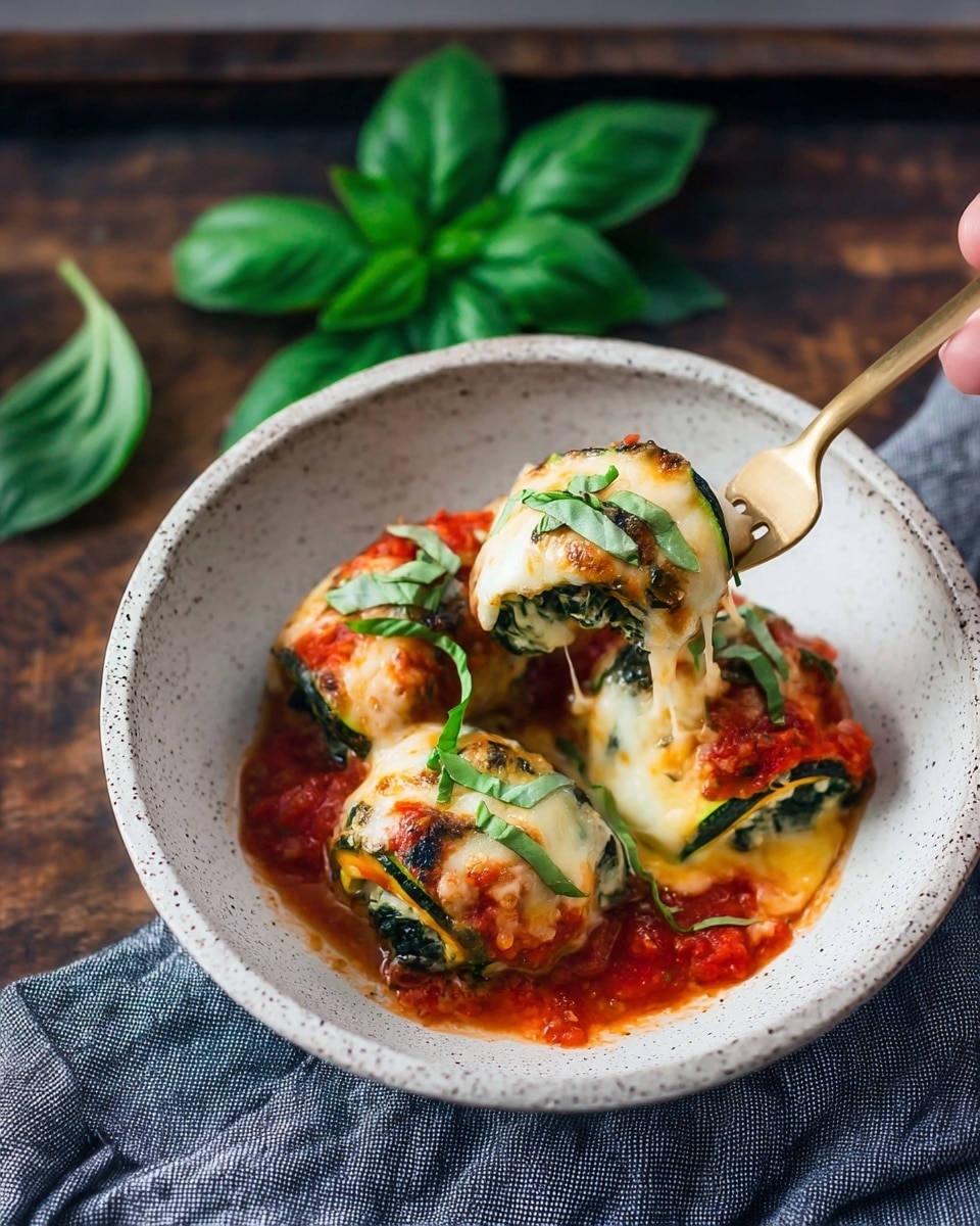 A white speckled bowl holds three pieces of stuffed zucchini rolls layered with bright green spinach leaves, melted white cheese, and red tomato sauce. The rolls have dark green zucchini strips wrapped around the filling, topped with thin sliced fresh basil leaves. The bowl sits on a dark wooden surface with a gray cloth partially visible at the bottom. A gold fork held by a woman's hand is lifting one roll, and fresh green basil leaves are seen in the background. Photo taken with an iphone --ar 4:5 --v 7
